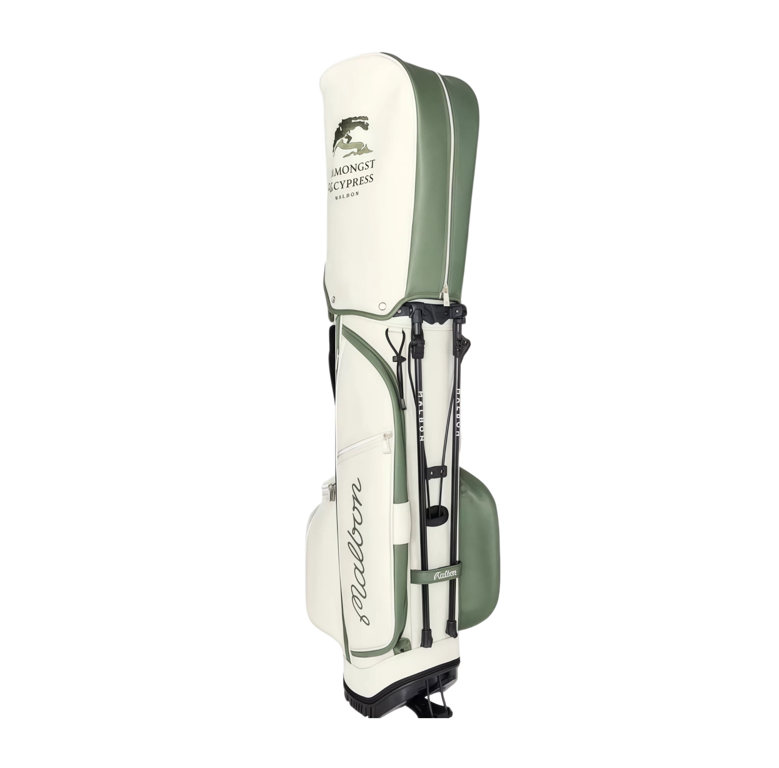 Side view of Malbon Golf Stand Bag with fully extended black stand legs and branded straps. Waterproof PU leather construction with ergonomic design for easy transport.