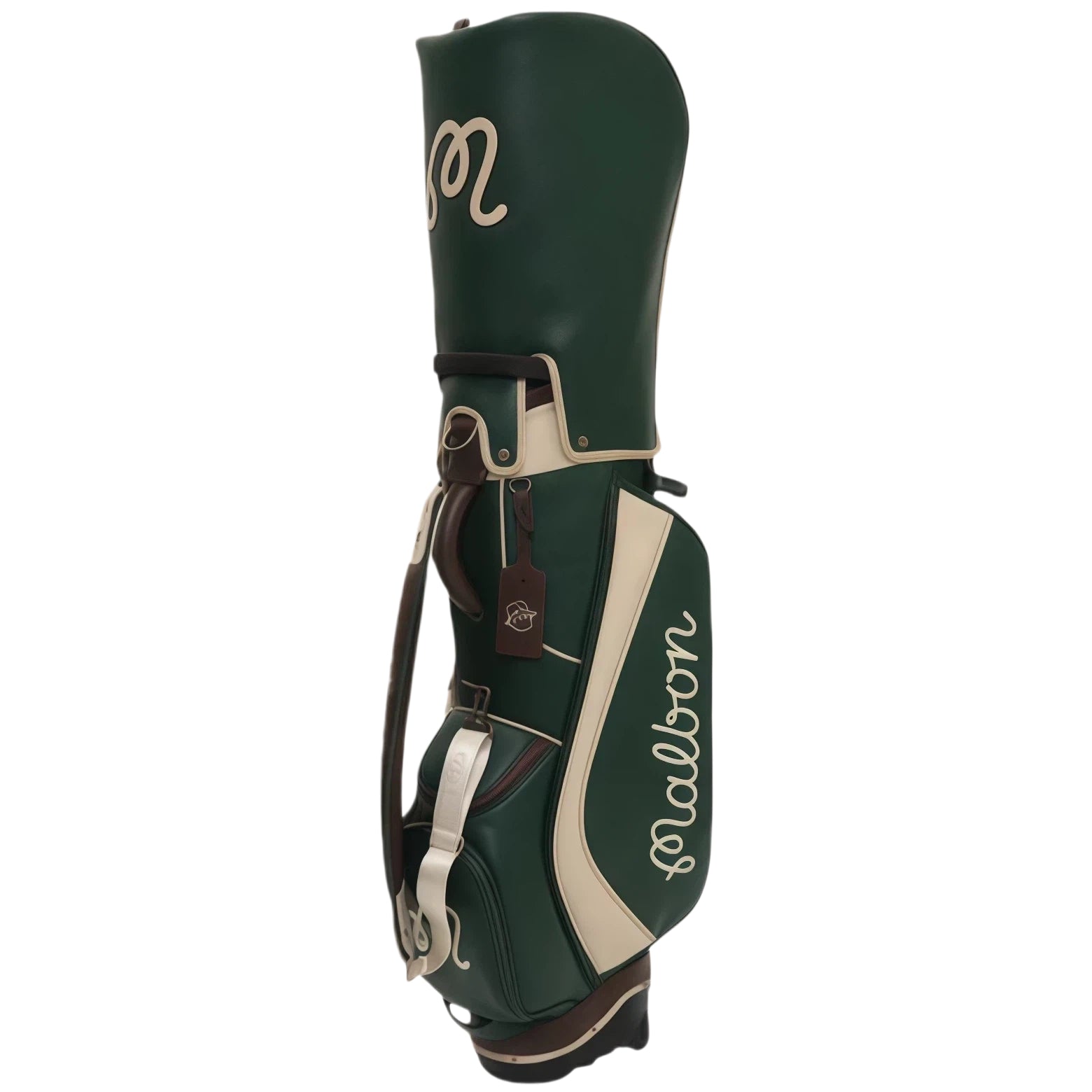 Front view of Malbon Golf stand bag in forest green with cream diagonal panel, "Malbon" script logo, brown leather strap, and premium PU leather finish.
