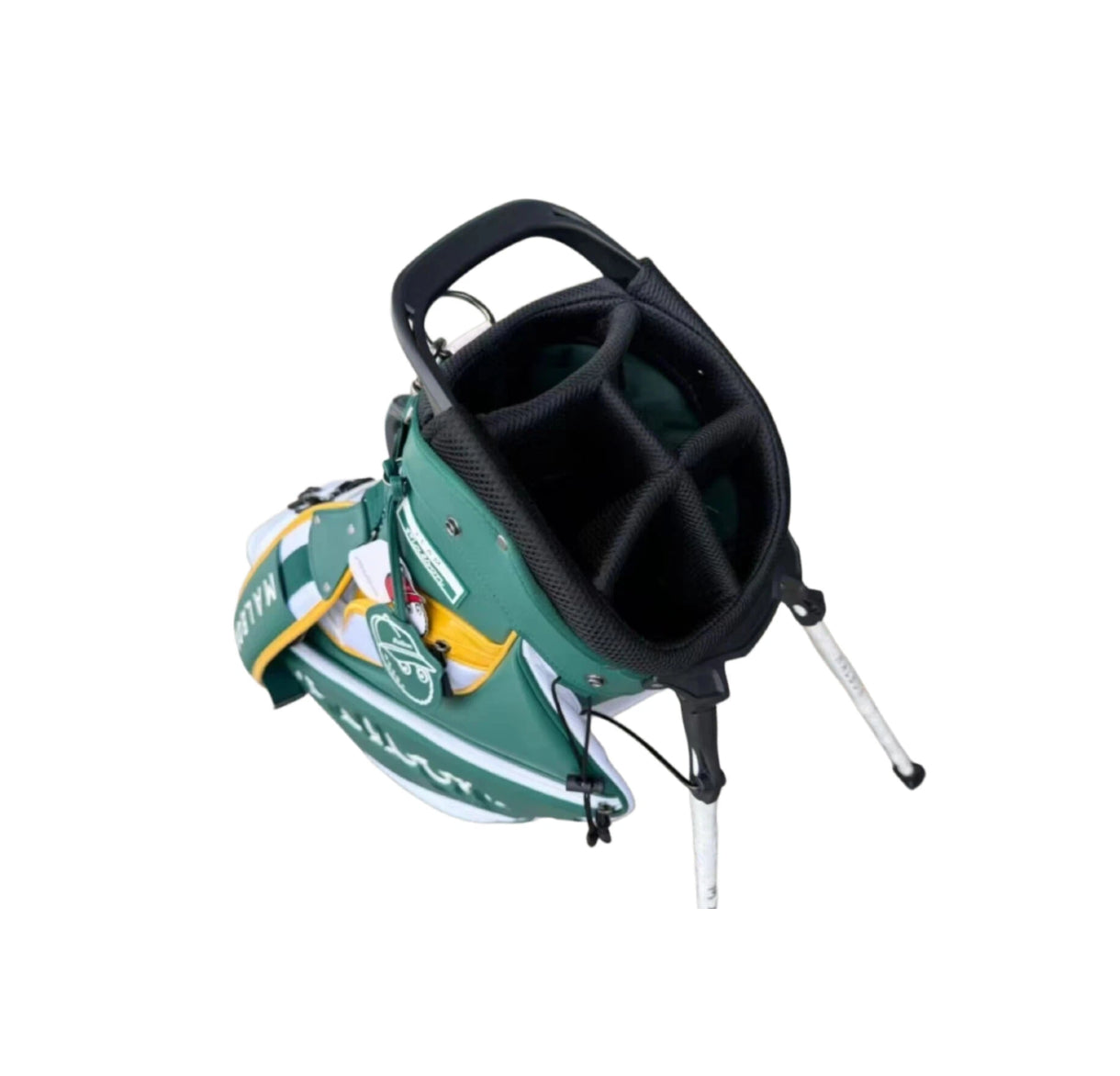  Top-down view of the Malbon Golf Stand Bag in Green and White, featuring a 5-way divider top with full-length individual club slots, lightweight construction, and waterproof PU material.
