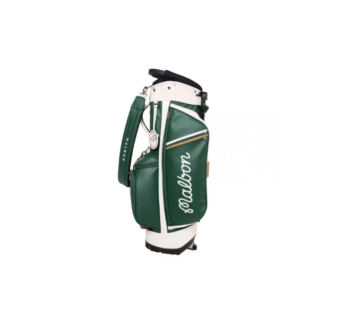  Close-up side view of the Malbon Golf Stand Bag in Hunter Green, emphasizing the high-quality stitching, waterproof PU texture, and the distinct Malbon branding on the shoulder strap.