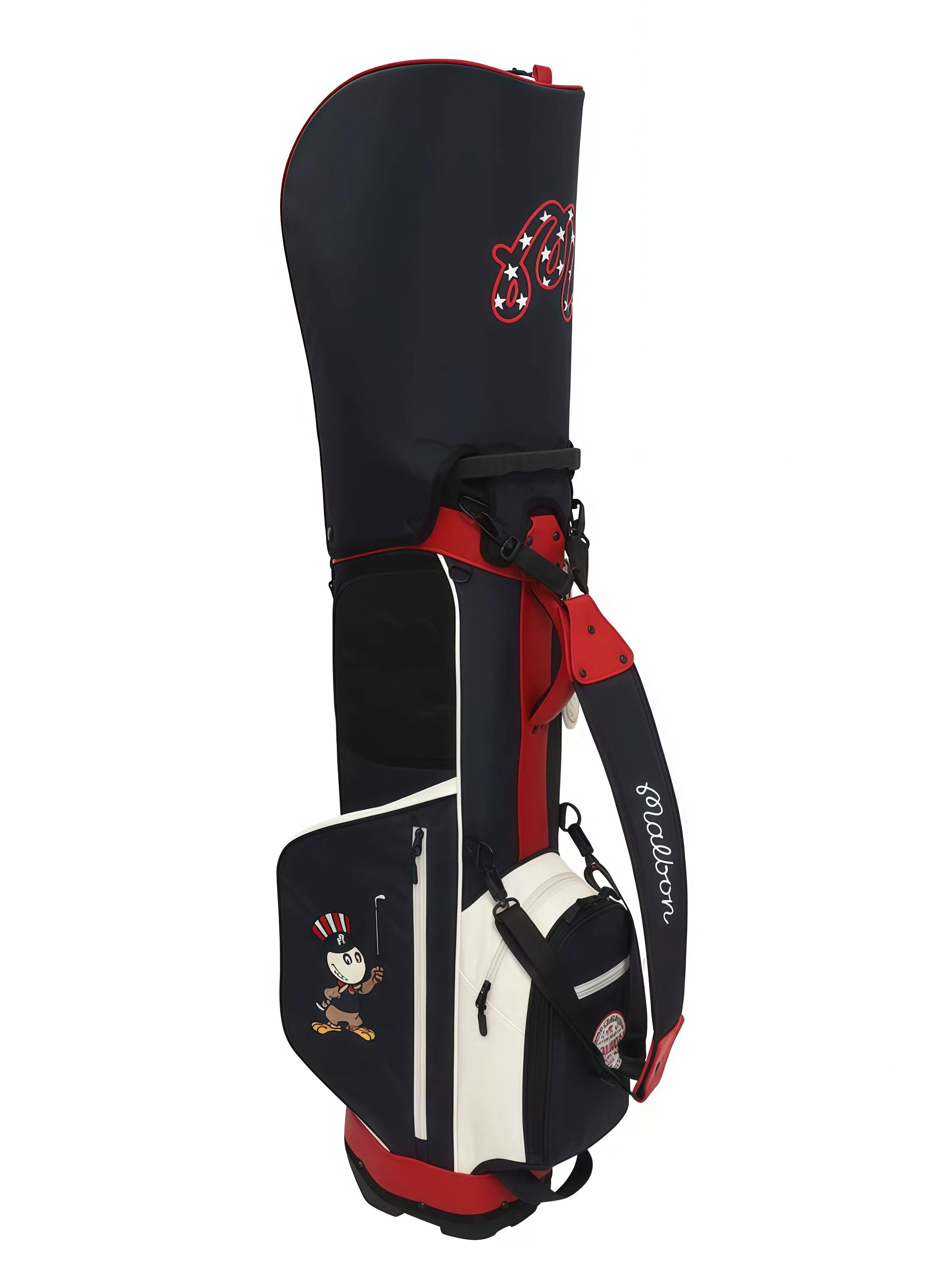 Side view of Malbon Golf stand bag in navy blue, white, and red PU leather featuring a cartoon golf ball character wearing a patriotic hat, brand tag, and "Malbon" script logo.