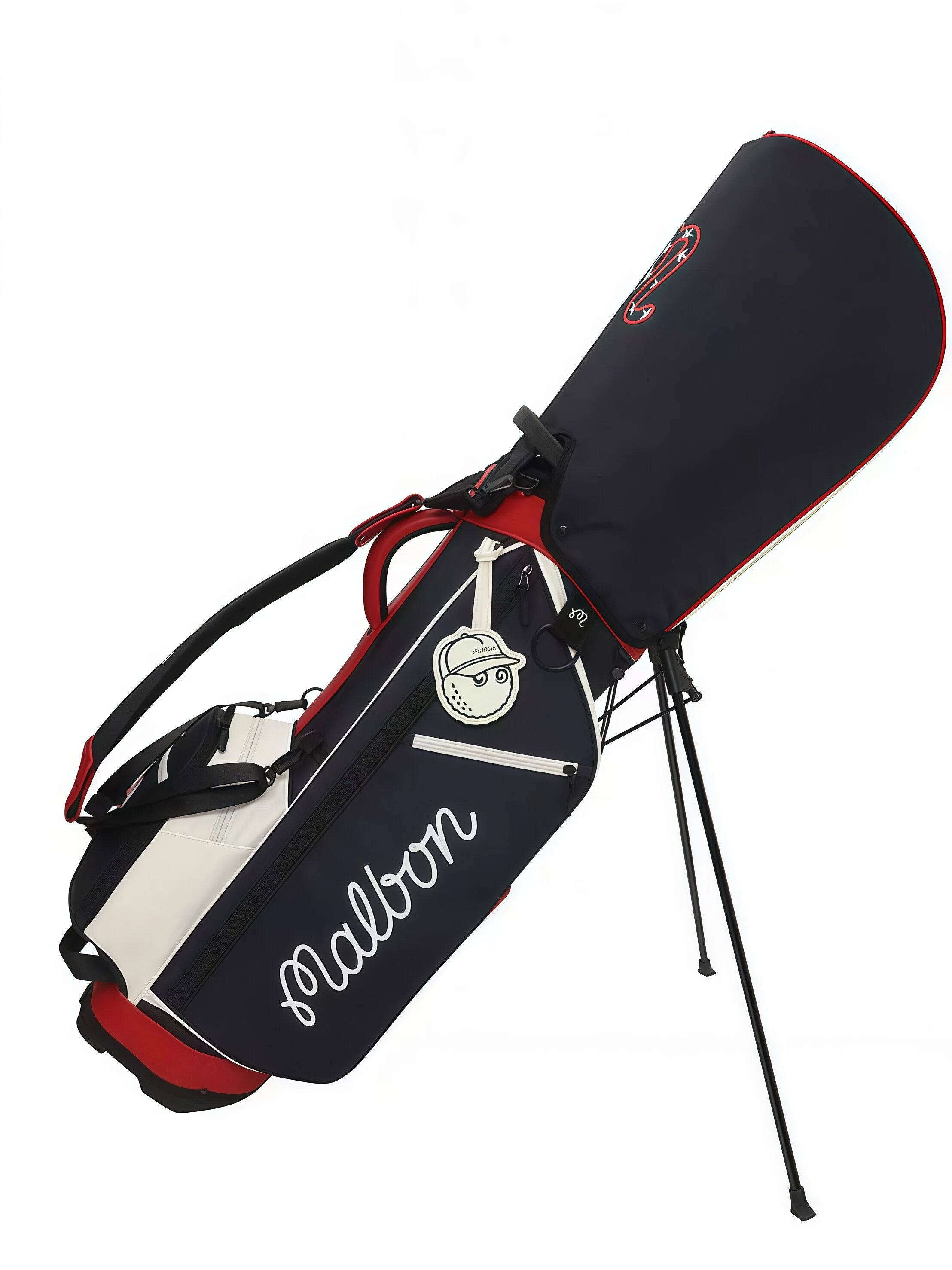 Side view of Malbon Golf stand bag with multiple zippered pockets, mesh compartment, and patriotic red, white, and navy blue design with cartoon character patch.