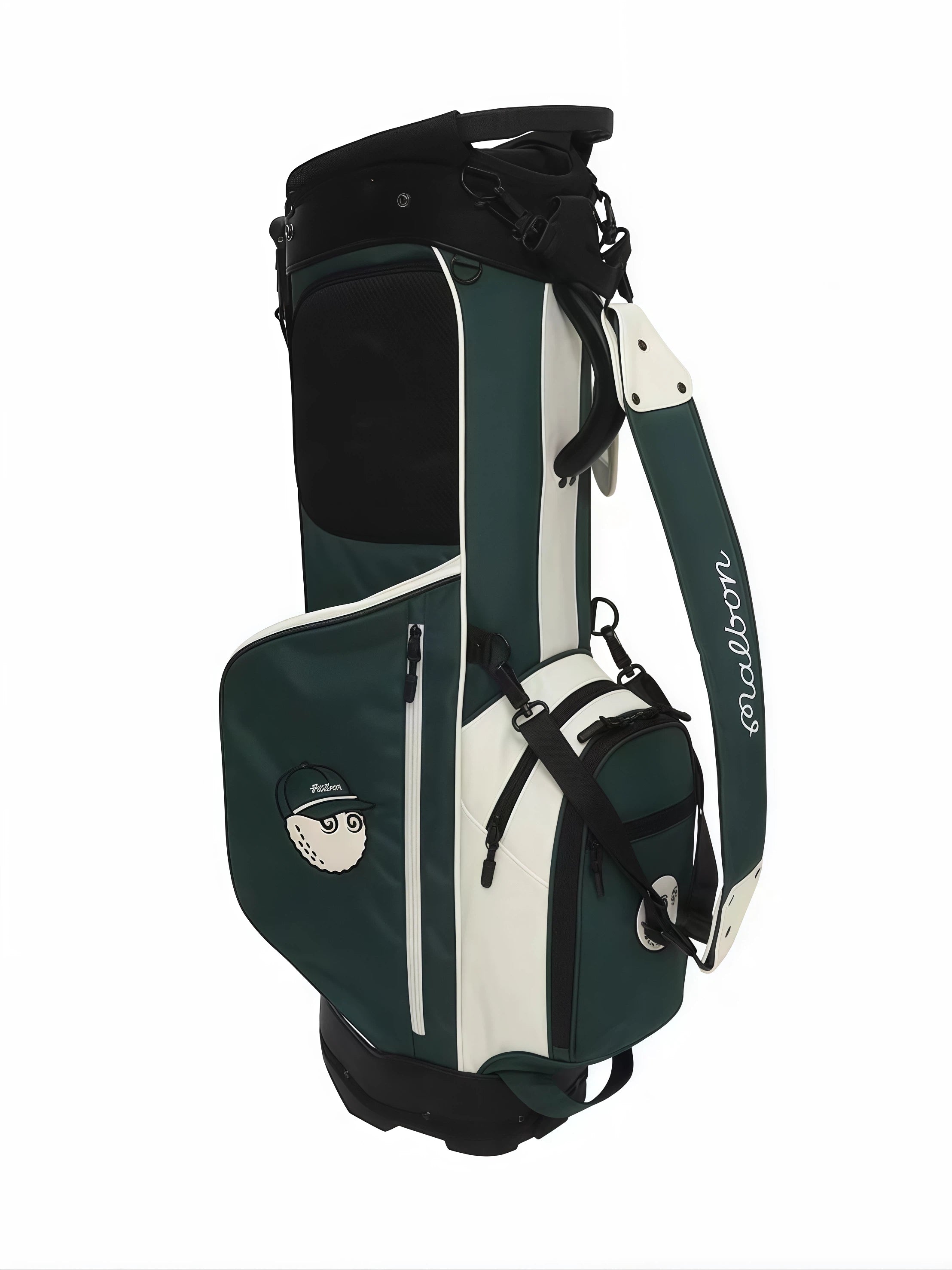 Side view of Malbon Golf stand bag featuring an external accessory pouch, contrast stitching, and durable PU leather material in forest green and white.