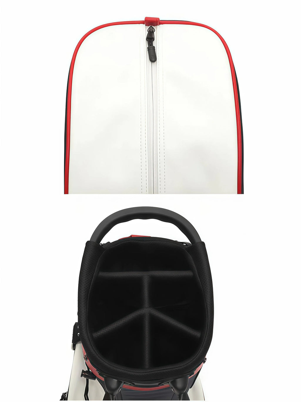 Top-down view of Malbon Golf stand bag showing full-length zipper closure and padded interior with black club dividers for secure organization of golf clubs.