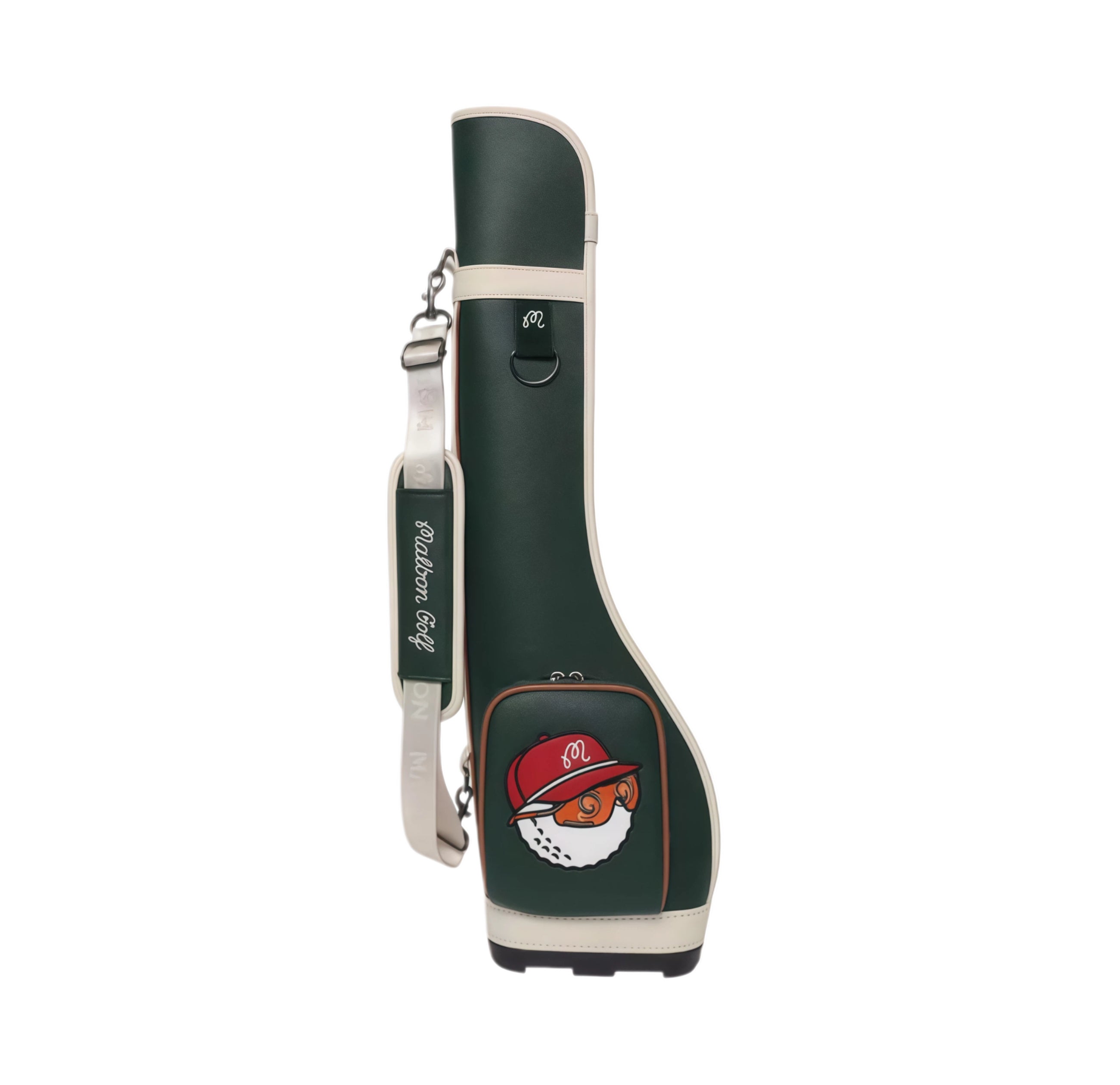 Side view of Malbon Golf Sunday stand bag in dark green PU leather, featuring a playful cartoon golf ball wearing a red cap with "M" logo, padded shoulder strap, and built-in wheels for easy transport.