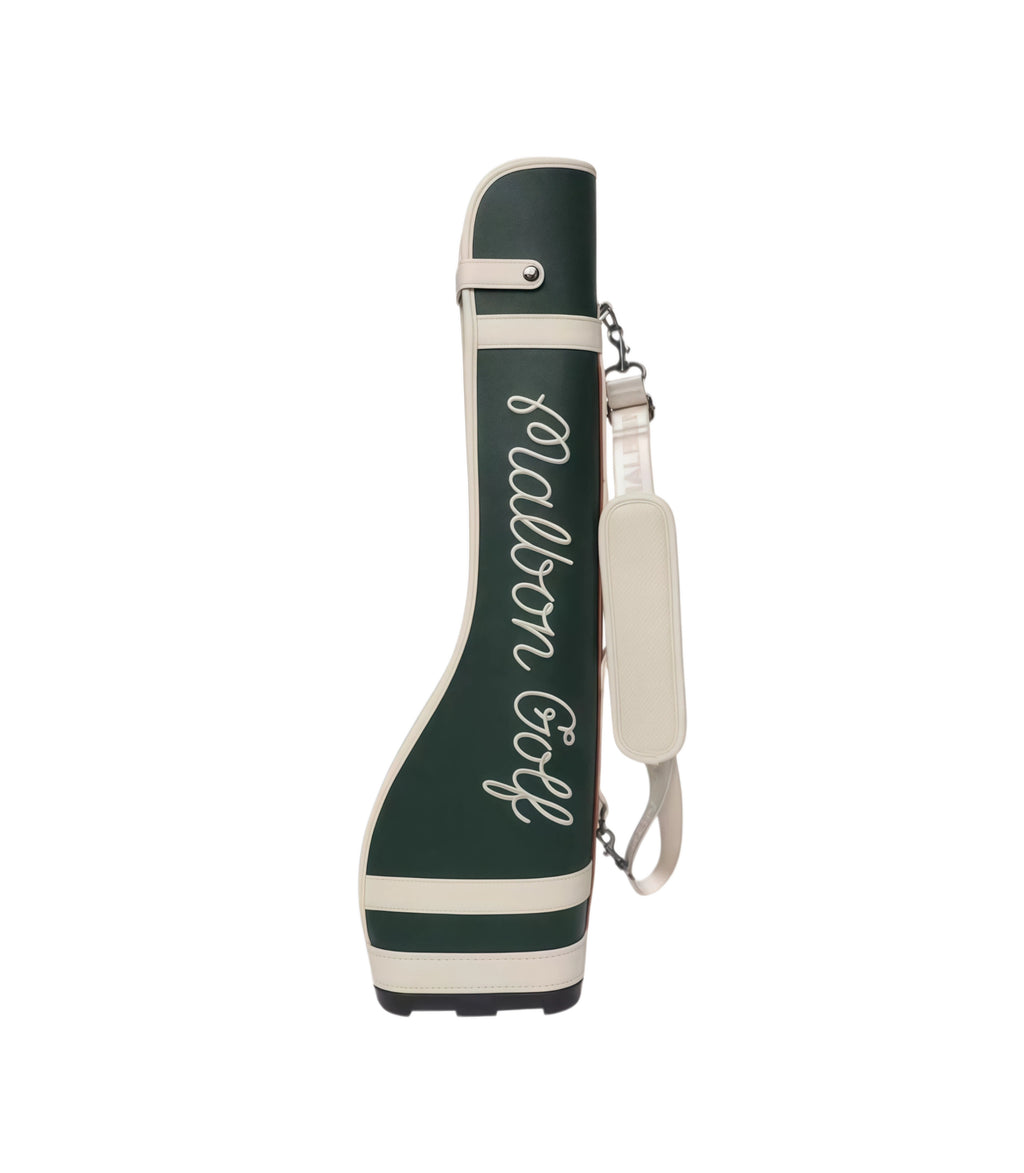 Detailed view of the embroidered cartoon golf ball character logo on the Malbon Golf Sunday stand bag, featuring a red cap with white "M" and orange goggles, adding fun style to the premium design.