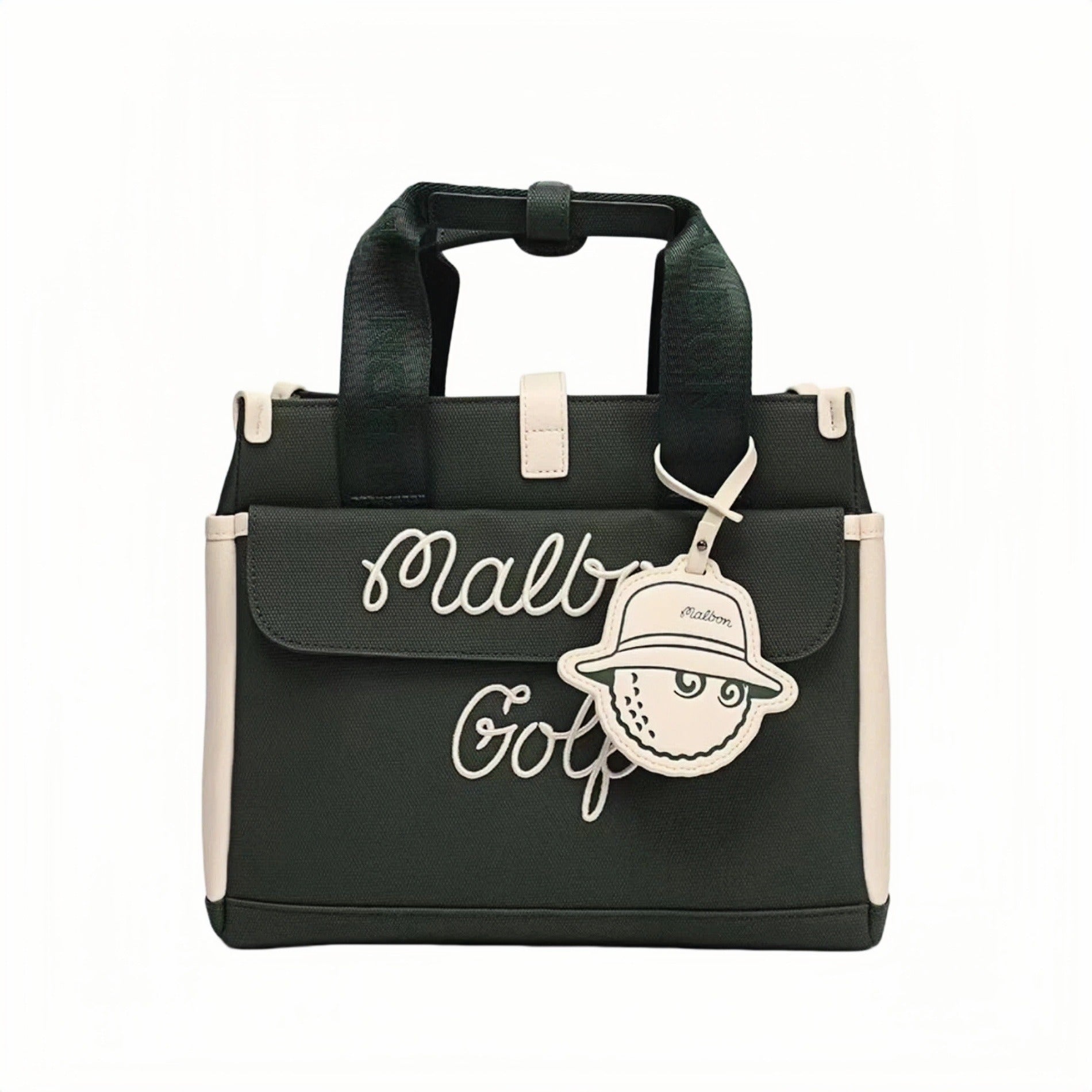 Black Malbon golf tote bag with cream trim, white cursive "Malbon Golf" embroidery, and attached golf ball-shaped charm with hat and brand name