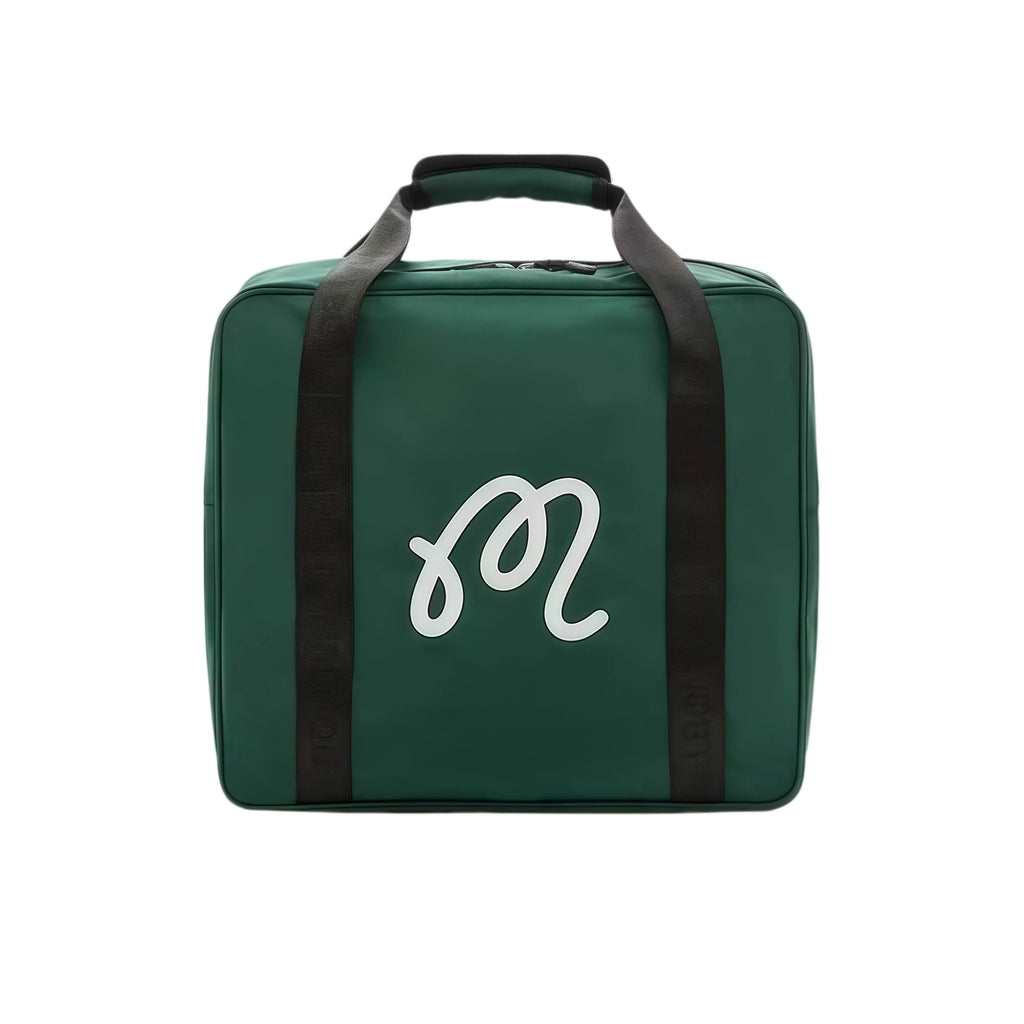Front view of Malbon Golf travel cover folded into a square carry case with white cursive "M" logo and black reinforced handles