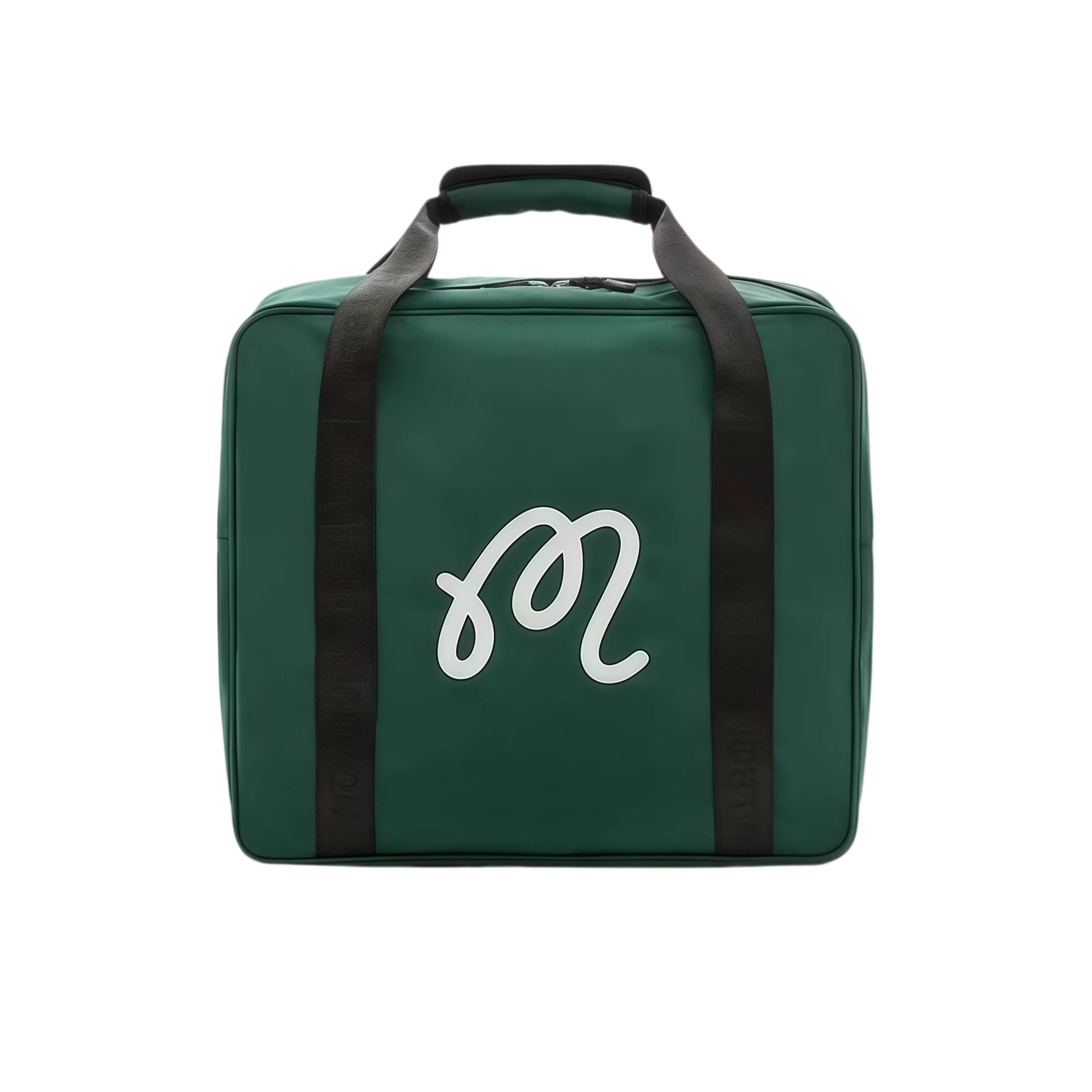 Front view of Malbon Golf travel cover folded into a square carry case with white cursive "M" logo and black reinforced handles