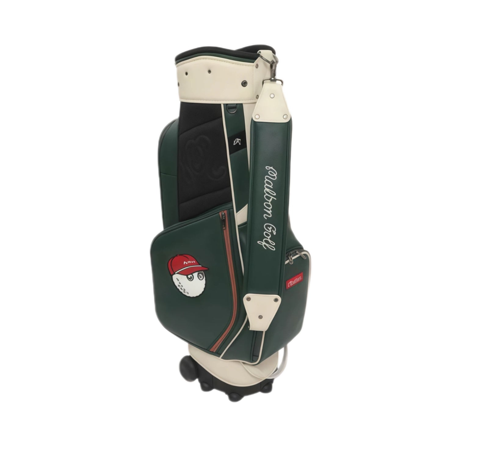 Side view of Malbon Golf wheeled caddie bag in dark green featuring waterproof PU leather, built-in wheels, adjustable shoulder strap, and cartoon golf ball logo patch.