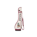 Malbon Lightweight Golf Sunday Bag in cream and red with cartoon caddy character and “Malbon Golf” script embroidery - magnetic closure, adjustable shoulder strap, and durable PU blend for stylish, portable club protection