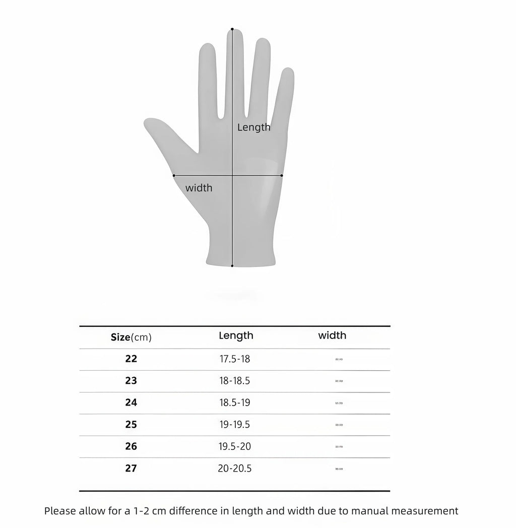 Malbon men's golf glove size chart showing length and width measurements in centimeters for sizes 22 to 27, with note on manual measurement variance, to help customers find the perfect fit.