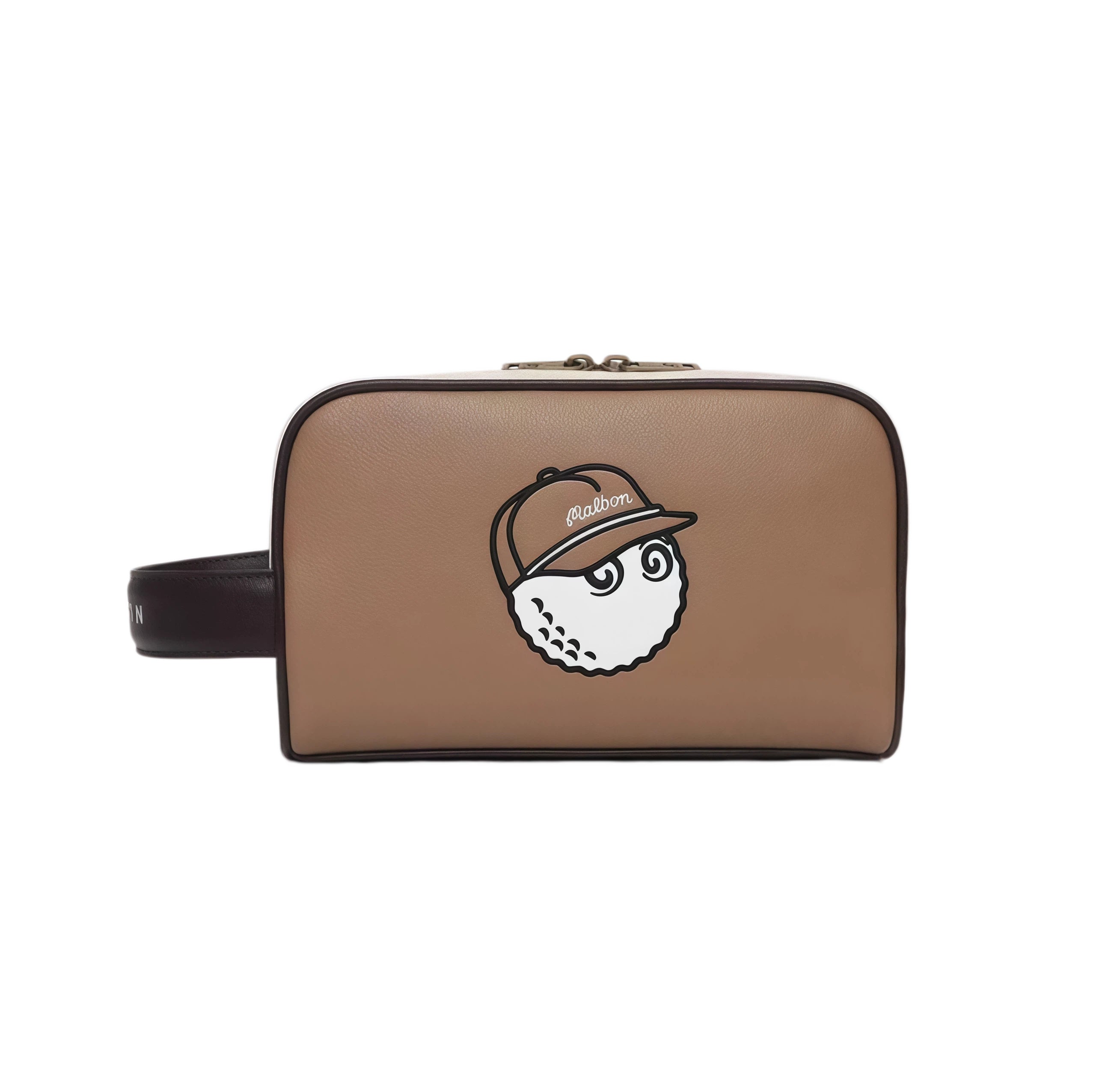Brown Malbon golf pouch featuring a cute golf ball character wearing a matching cap. Durable design with wrist loop and secure double-zip closure.
