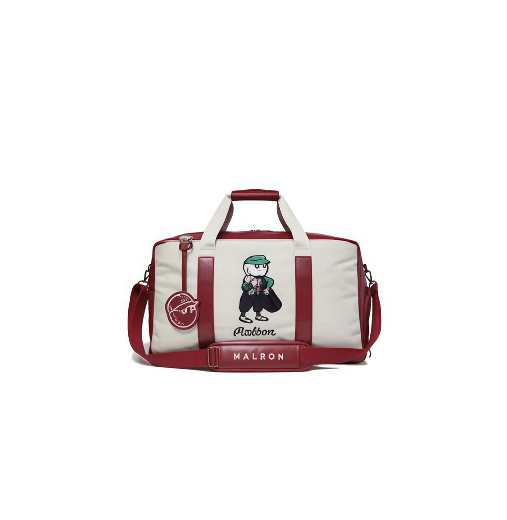 Malbon Outdoor Golf Duffel Bag in cream and red with cartoon caddy character and “Malbon” script embroidery - magnetic closure, adjustable shoulder strap, and dual handles for durable, stylish travel and golf gear storage