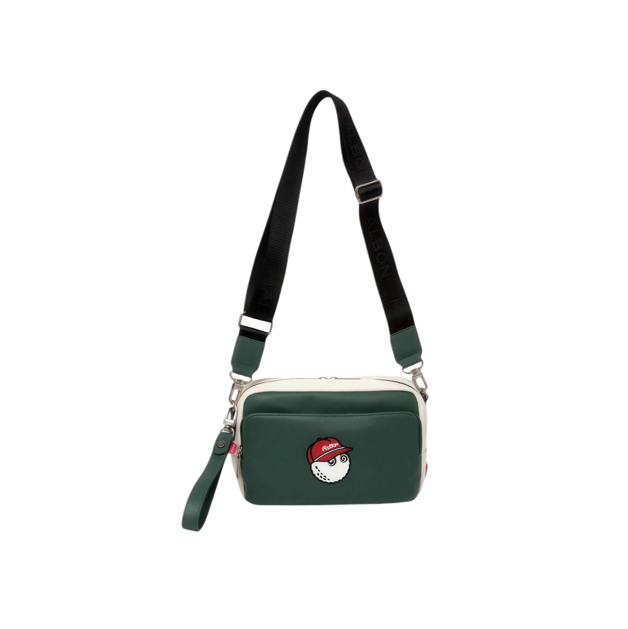 Green Malbon performance crossbody bag featuring a playful golf ball character wearing a red "Malbon" cap. Includes adjustable black strap and wrist handle for versatile carry.
