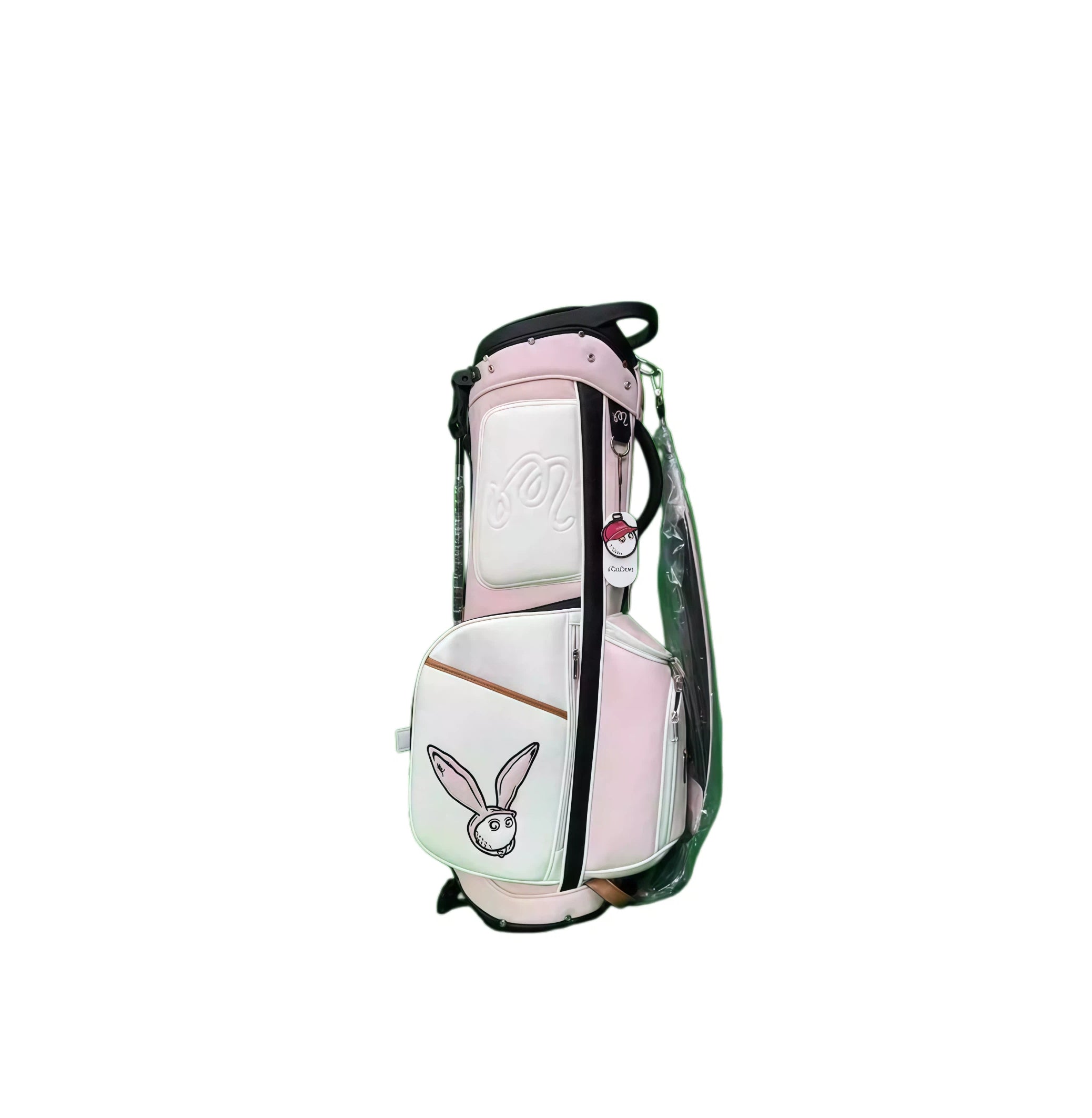 Malbon Pink Golf Stand Bag back view in white and pink with cartoon rabbit and “Malbon” script embroidery - spacious interior, reinforced stitching, and durable design for everyday golf travel