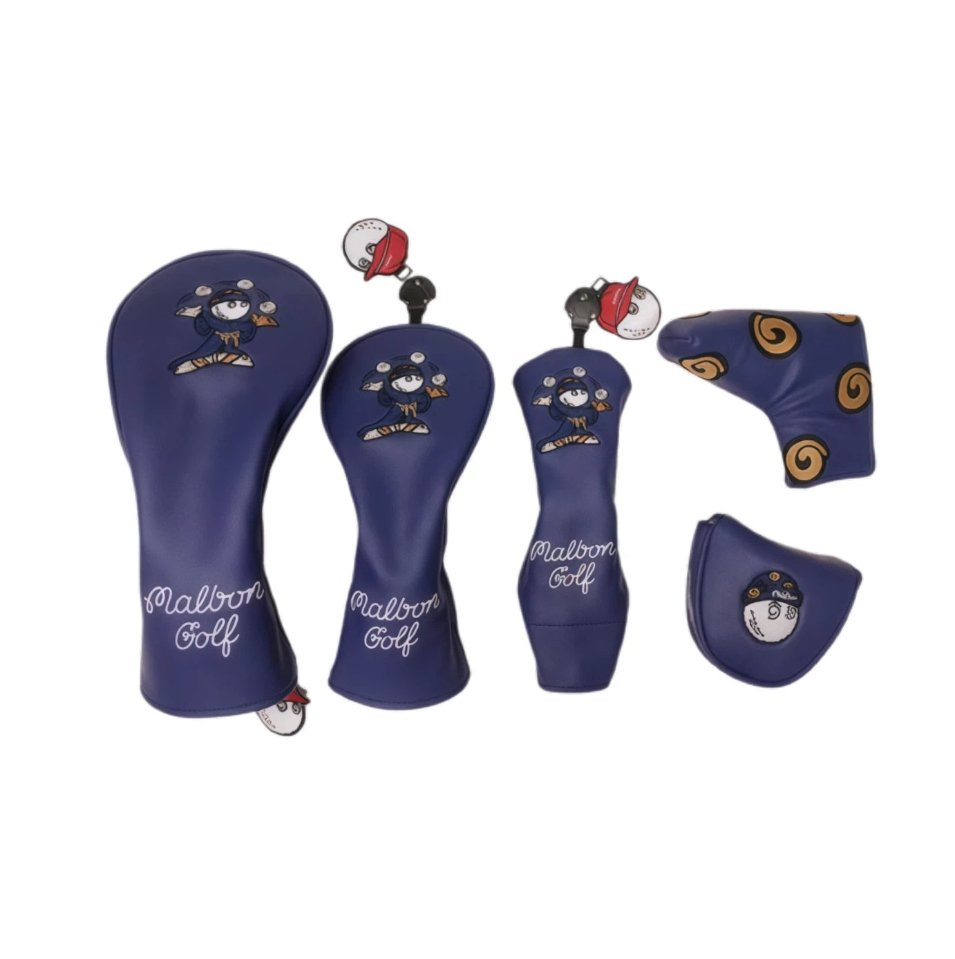 Flat lay of Malbon Purple Wizard Golf Headcover Set showing all 4 pieces: driver, fairway wood, hybrid, and blade putter cover, each with 3D embroidered wizard logo and "Malbon Golf" script, purple colorway.