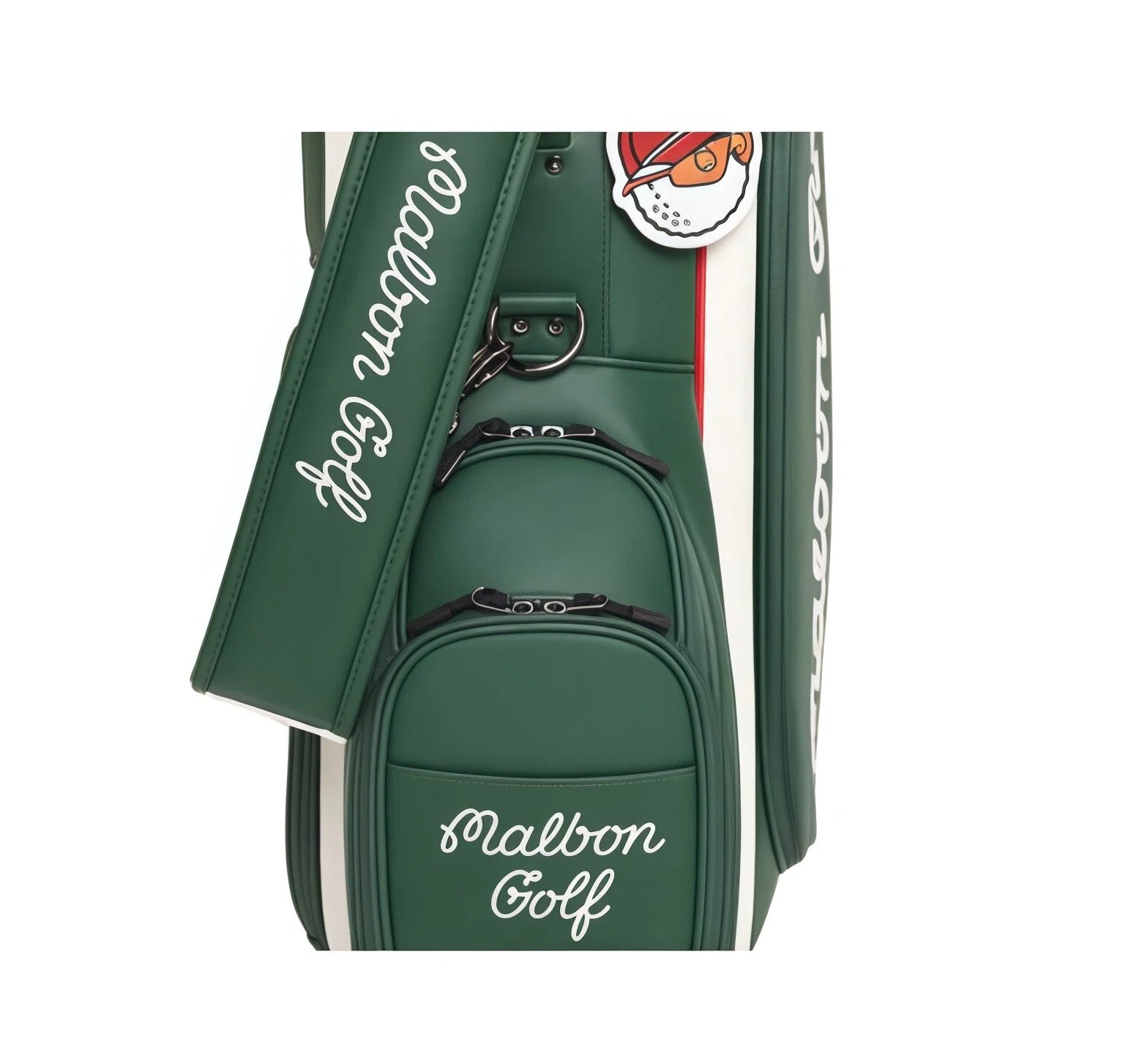 Close-up of green Malbon rolling golf caddy bag's pocket, displaying "Malbon Golf" script branding, durable zippers, and high-quality stitching, highlighting the bag's attention to detail and functional storage.