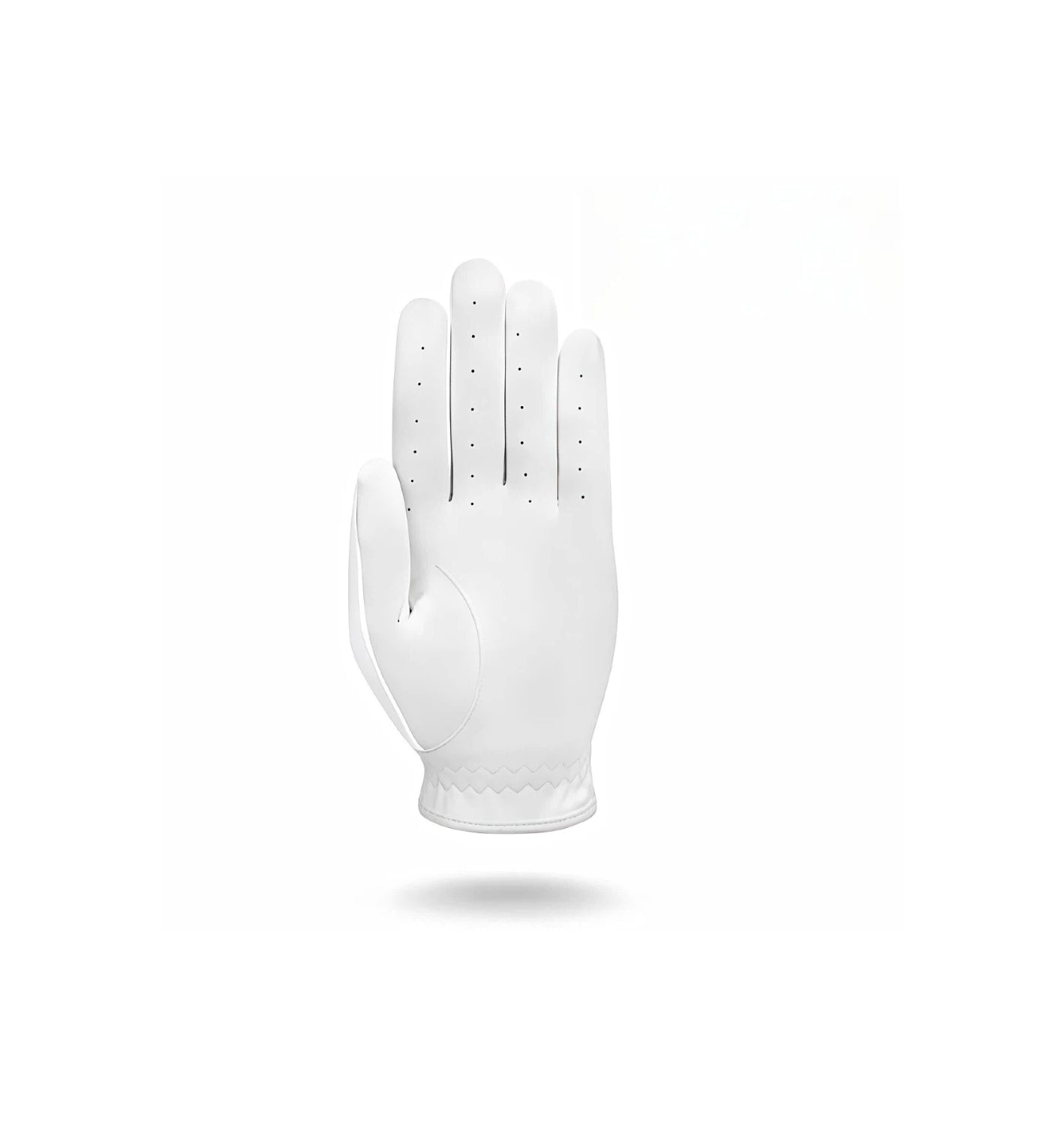 Back view of Malbon women's white golf glove showing perforated details for breathability, durable PU construction, and ergonomic fit for enhanced comfort during extended play.
