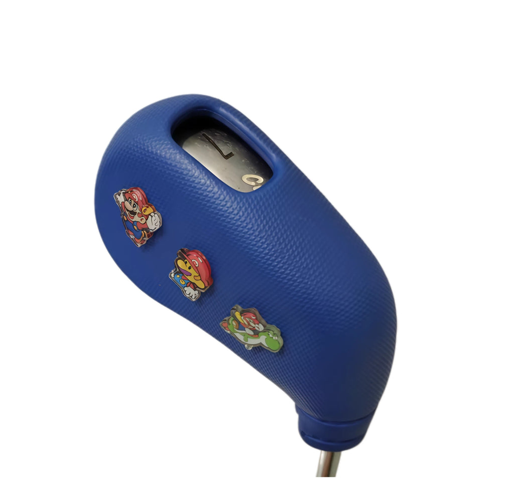 Close-up of Mario golf iron cover featuring durable perforated design, visible number 7, and cartoon character badges, providing stylish and protective coverage for golf clubs.