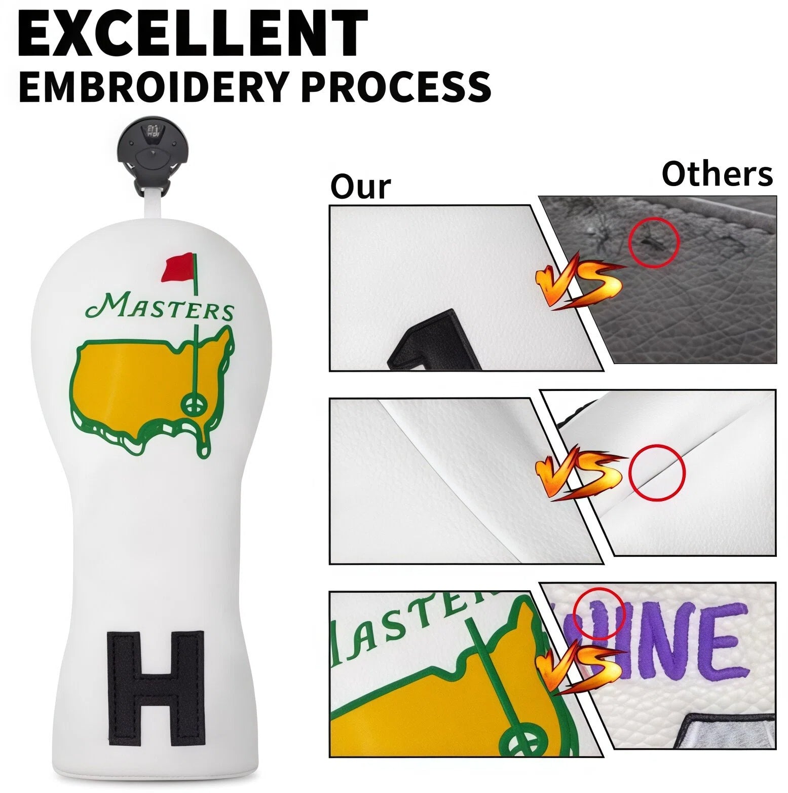 Comparison of Masters Golf Headcover quality showing excellent embroidery process versus others, highlighting durability and detail.