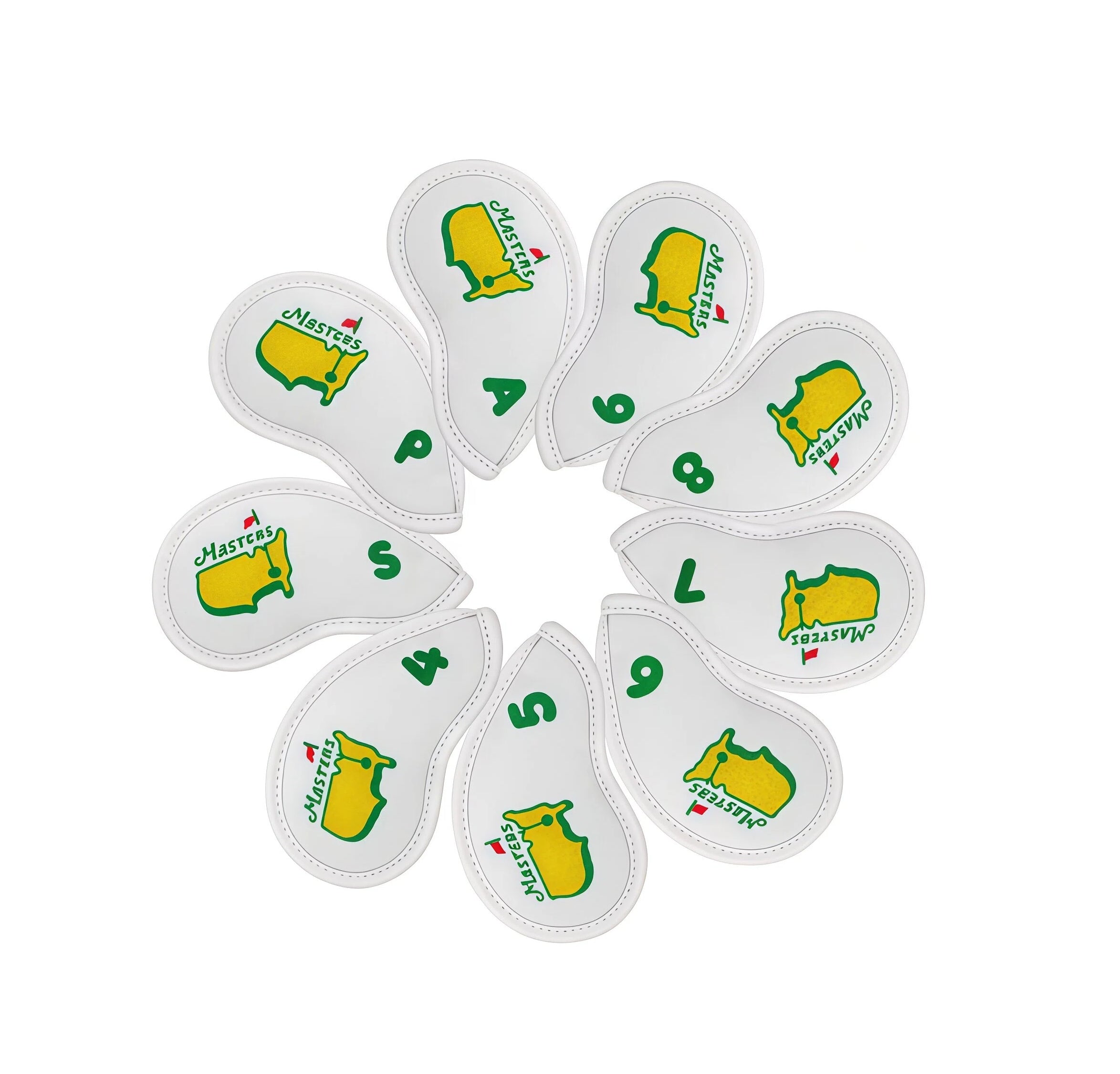  Set of Masters Iron Headcovers in white with green embroidered golf course map and "Masters" branding, arranged in a circle, featuring numbers 4, 5, 6, 7, 8, 9, PW, SW.