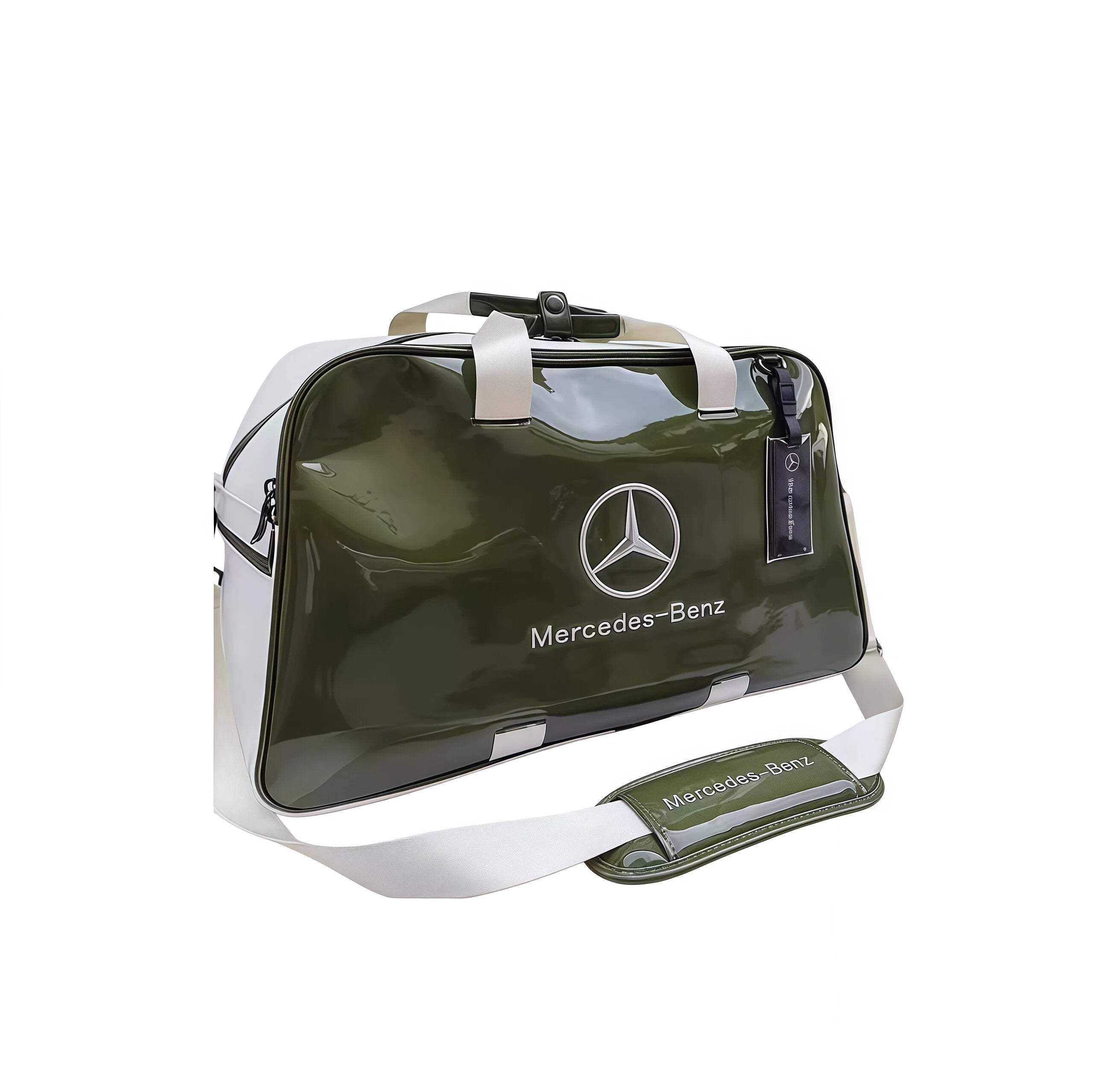 Full front view of the olive green Mercedes-Benz glossy duffel bag with extended shoulder strap, brand tag, and reflective surface. Premium travel bag for everyday use.