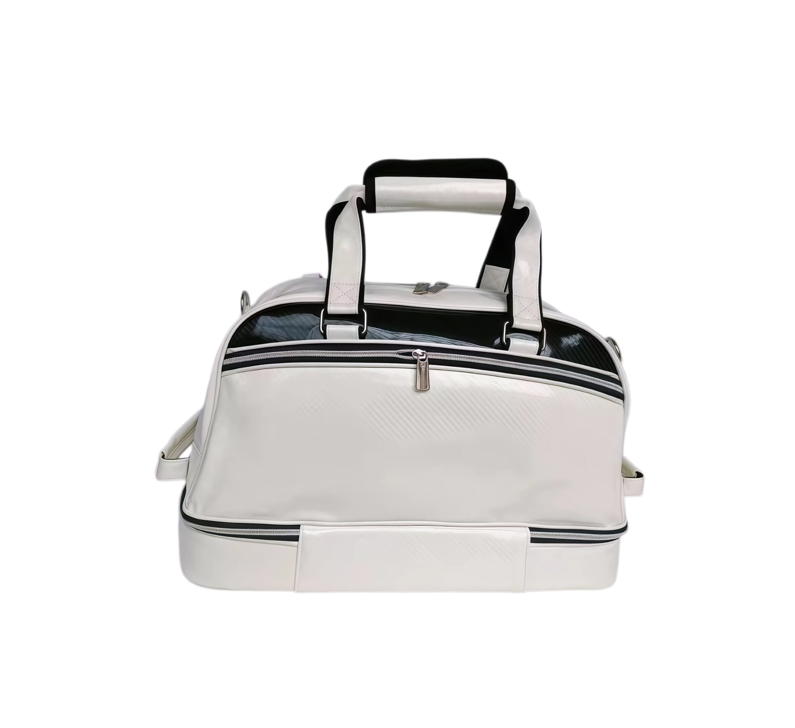 White Mercedes-Benz duffel bag with open top compartment, showing dual-zip functionality and structured interior. Designed for organized travel.