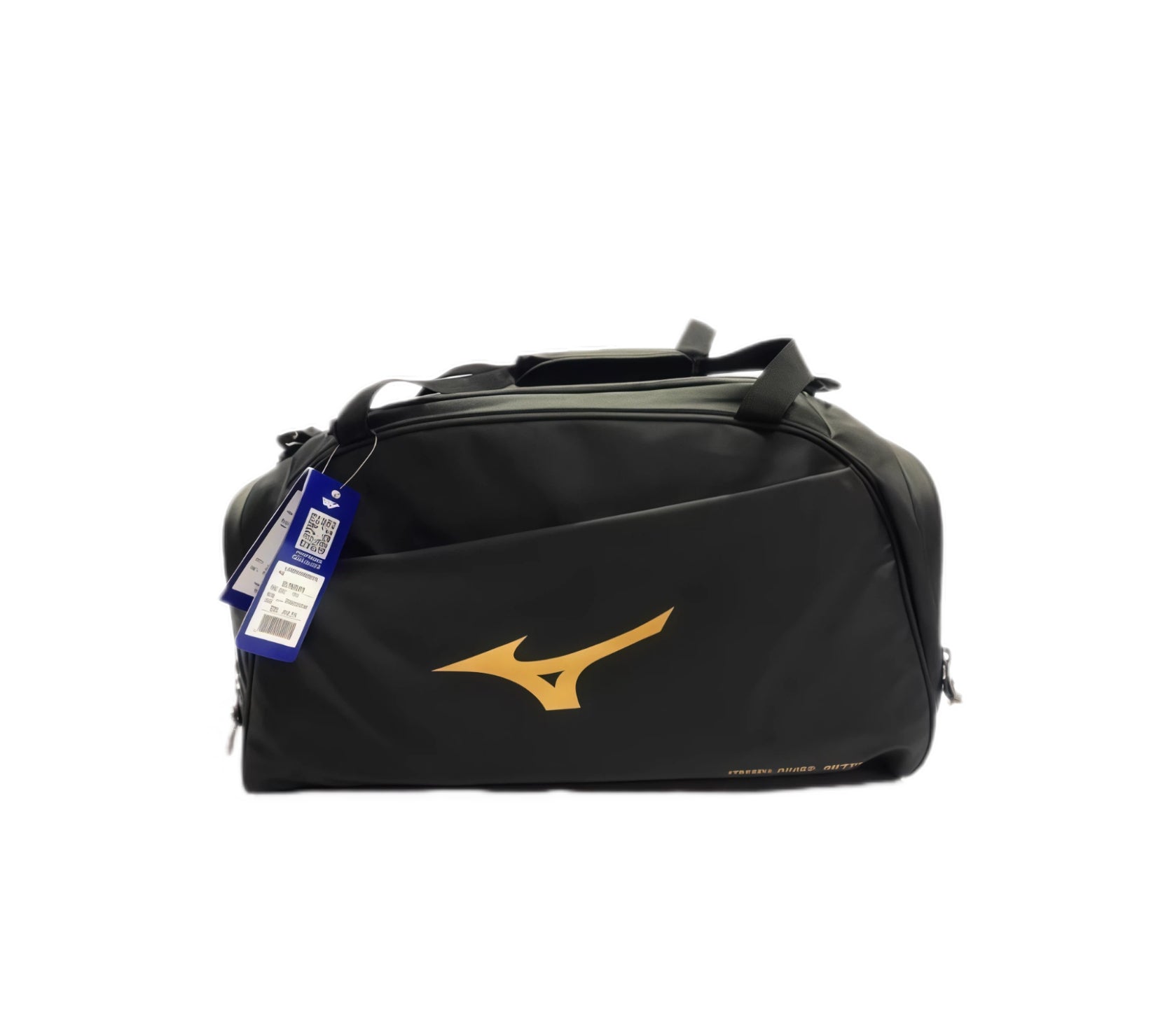 Front-facing shot of the Mizuno 39L Black Duffel Bag featuring a bold metallic gold Runbird logo, durable water-repellent fabric, dual top handles, attached product tag with QR code, and sleek cylindrical shape ideal for gym, travel, or team use.