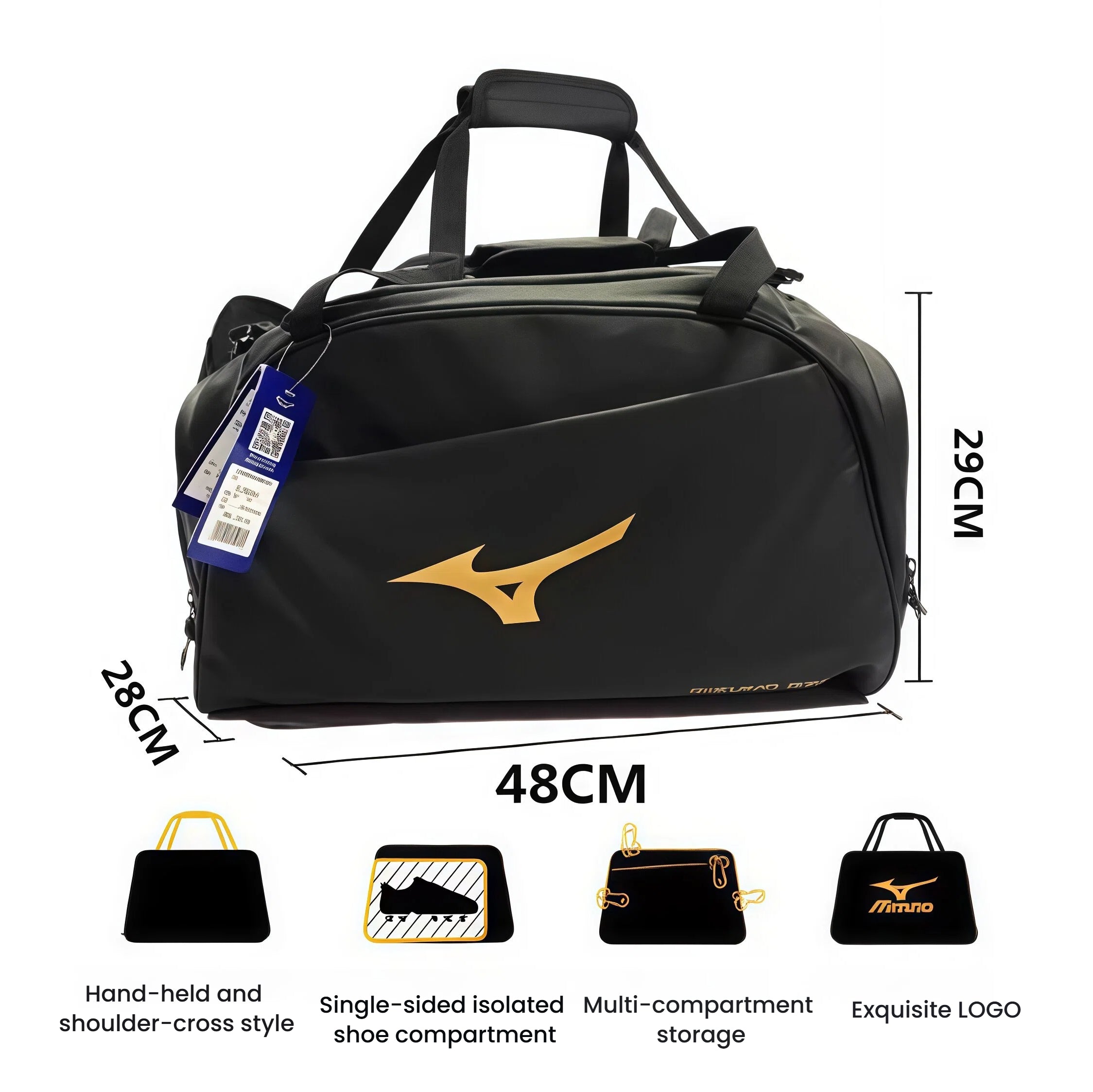 Full-product diagram of the Mizuno 39L Black Duffel Bag labeled with dimensions: 48cm length, 28cm width, 29cm height — plus icons illustrating key features: handheld/shoulder-cross carry styles, isolated shoe compartment, multi-compartment storage, and exquisite gold logo branding.