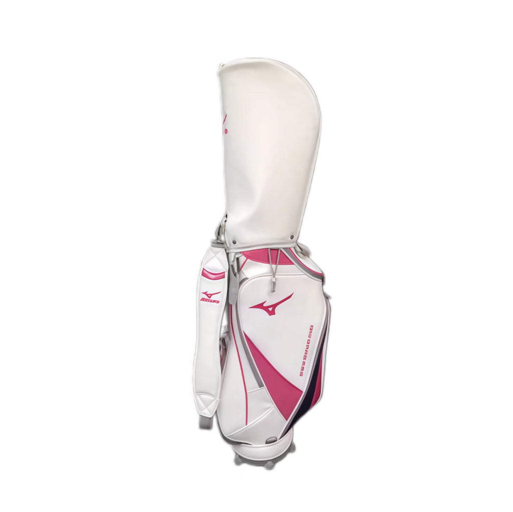 Dynamic angled view of the Mizuno BR-D3 Golf Bag showcasing its ergonomic shape, contrasting pink-and-white panels, gray accent trim, integrated towel loop, and lightweight construction designed for female golfers seeking style and function.
