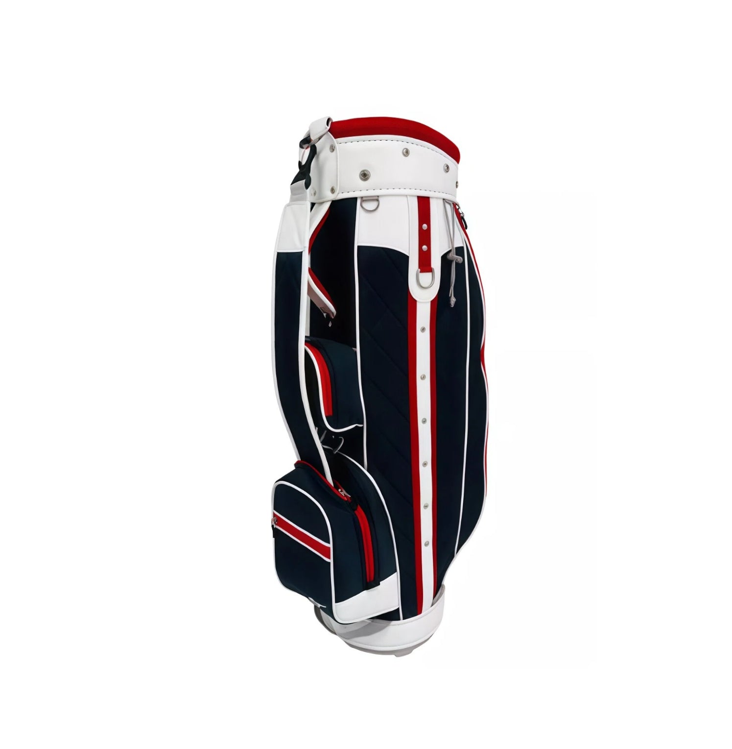Front-angle shot of the Mizuno Heritage Cart Bag highlighting diamond-quilted side panels, vertical red-and-white stripe detailing, zippered accessory pocket, and premium synthetic leather finish with metallic rivets.
