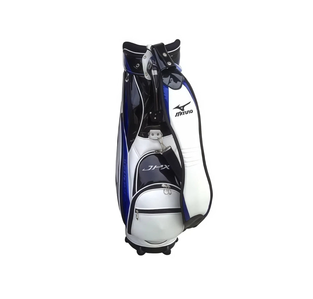 Rear angle of the Mizuno JPX Cart Bag highlighting spacious rear accessory pocket with "JPX" embroidery, padded shoulder strap, top handle, and sleek aerodynamic design for easy transport and course mobility.