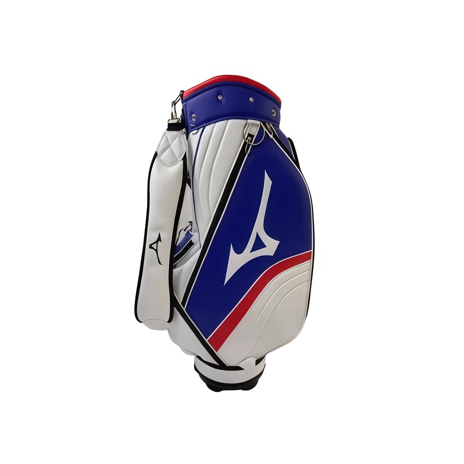 Front-side view of the all-black Mizuno Pro Cart Bag highlighting its matte texture, tonal Runbird emblem, reinforced stitching, and elegant minimalist aesthetic for modern golfers.
