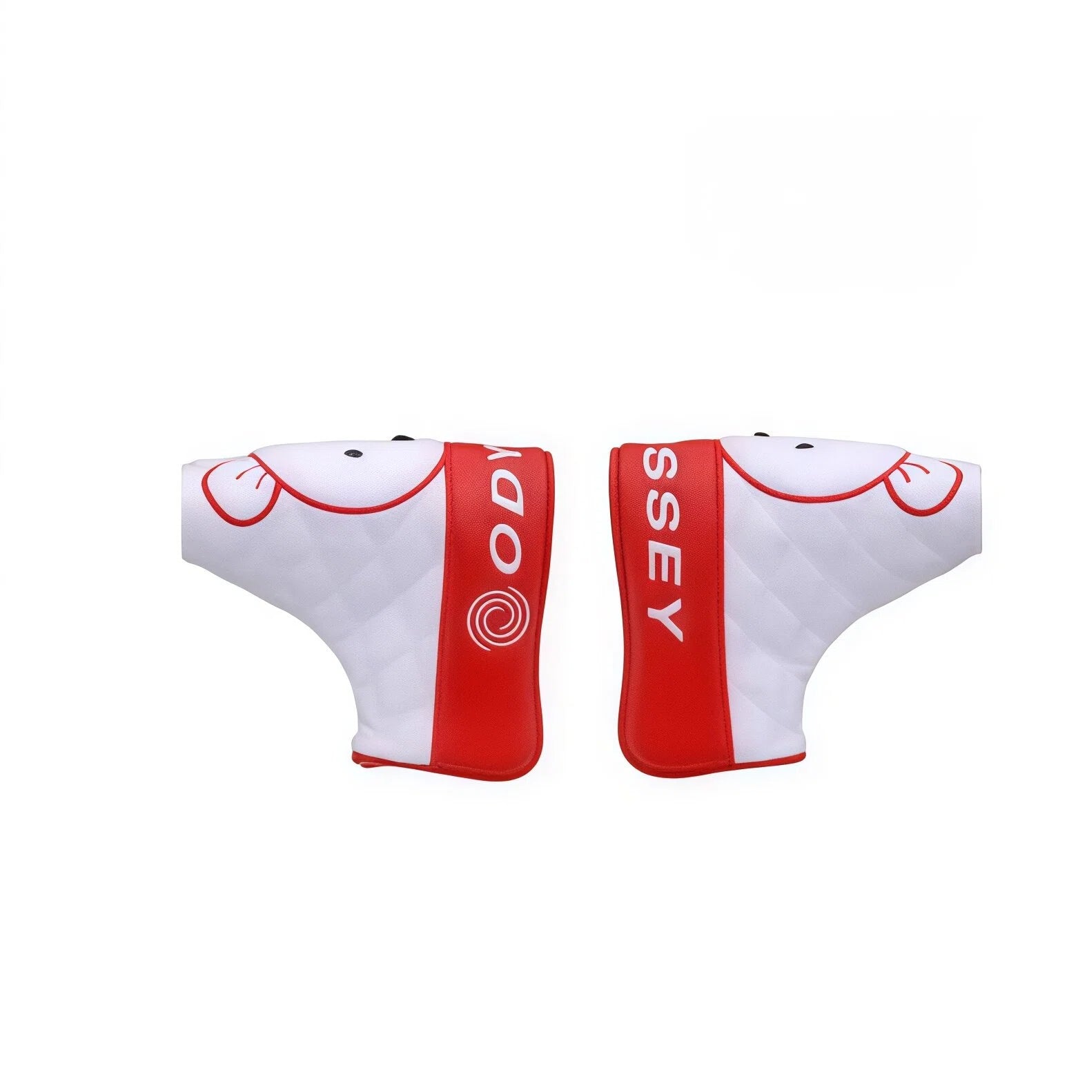 Callaway Odyssey teddy bear putter headcover in red and white — long blade style with quilted texture, spiral logo on front, “ODYSSEY” text on back, designed for mallet or long-blade putters