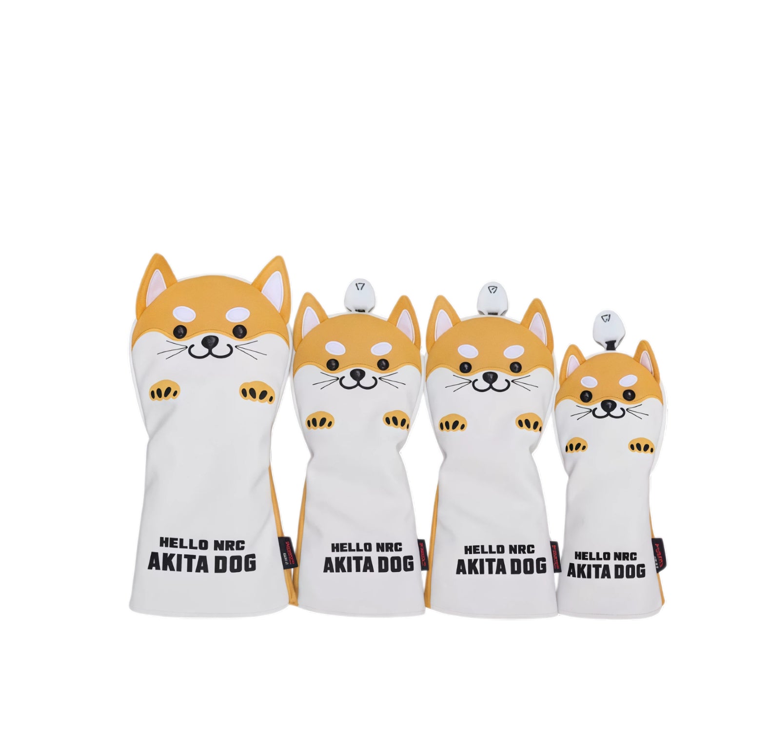Front view of a four-piece orange and white Akita Inu golf headcover set showcasing a cute cartoon dog face with floppy ears and paw prints, branded "HELLO NRC AKITA DOG" — perfect for protecting driver, fairway, and hybrid clubs.