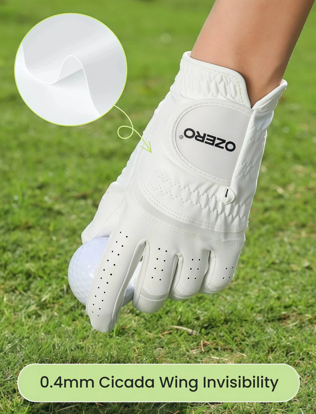 Detail shot of the Ozero golf glove showing the finger air microcirculation system. Strategically placed perforations ensure maximum breathability and keep hands cool and dry.