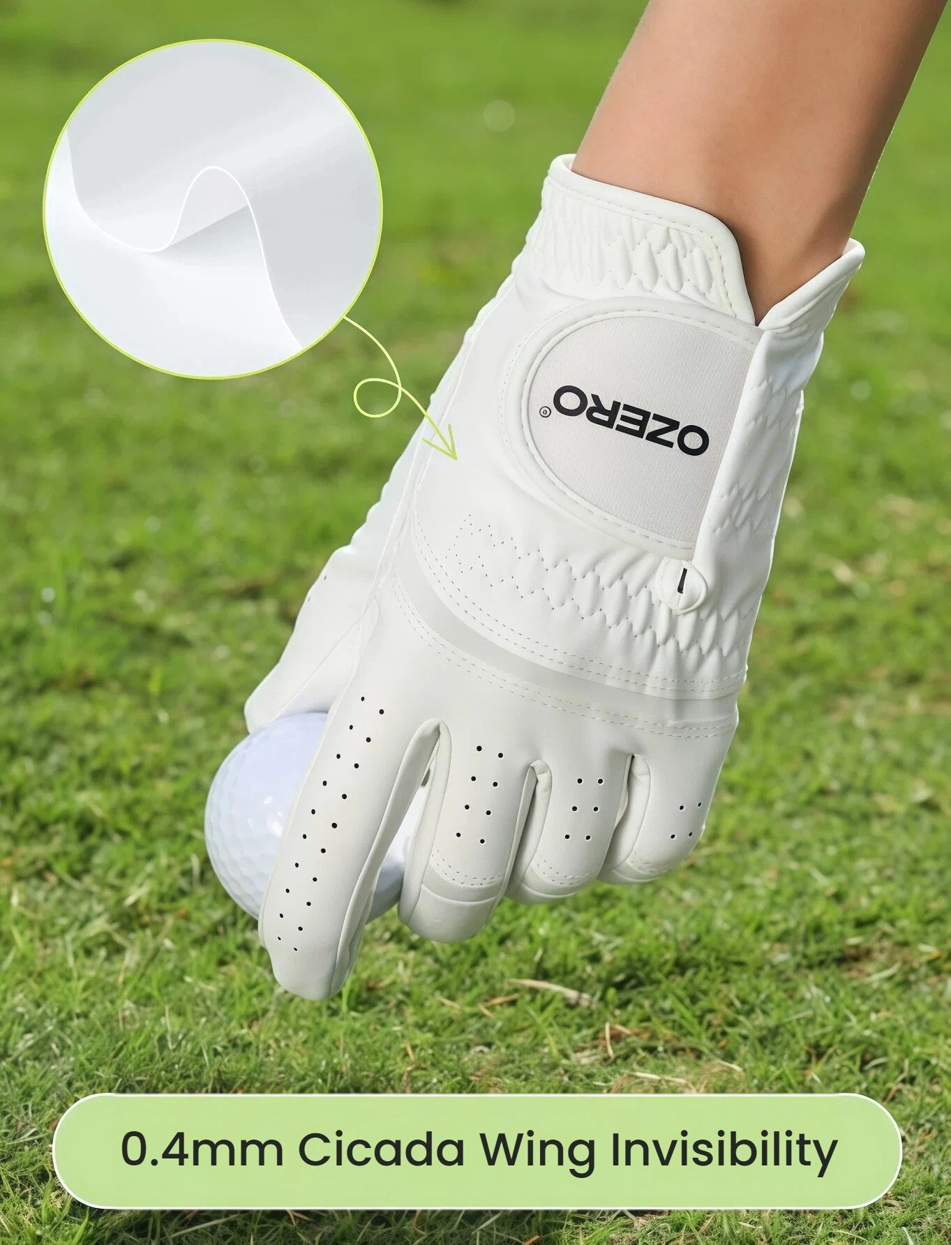 Detail shot of the Ozero golf glove showing the finger air microcirculation system. Strategically placed perforations ensure maximum breathability and keep hands cool and dry.