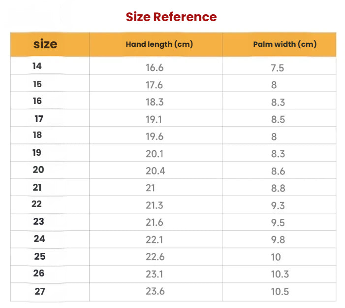 Size reference chart for hand measurements with hand length and palm width in centimeters.