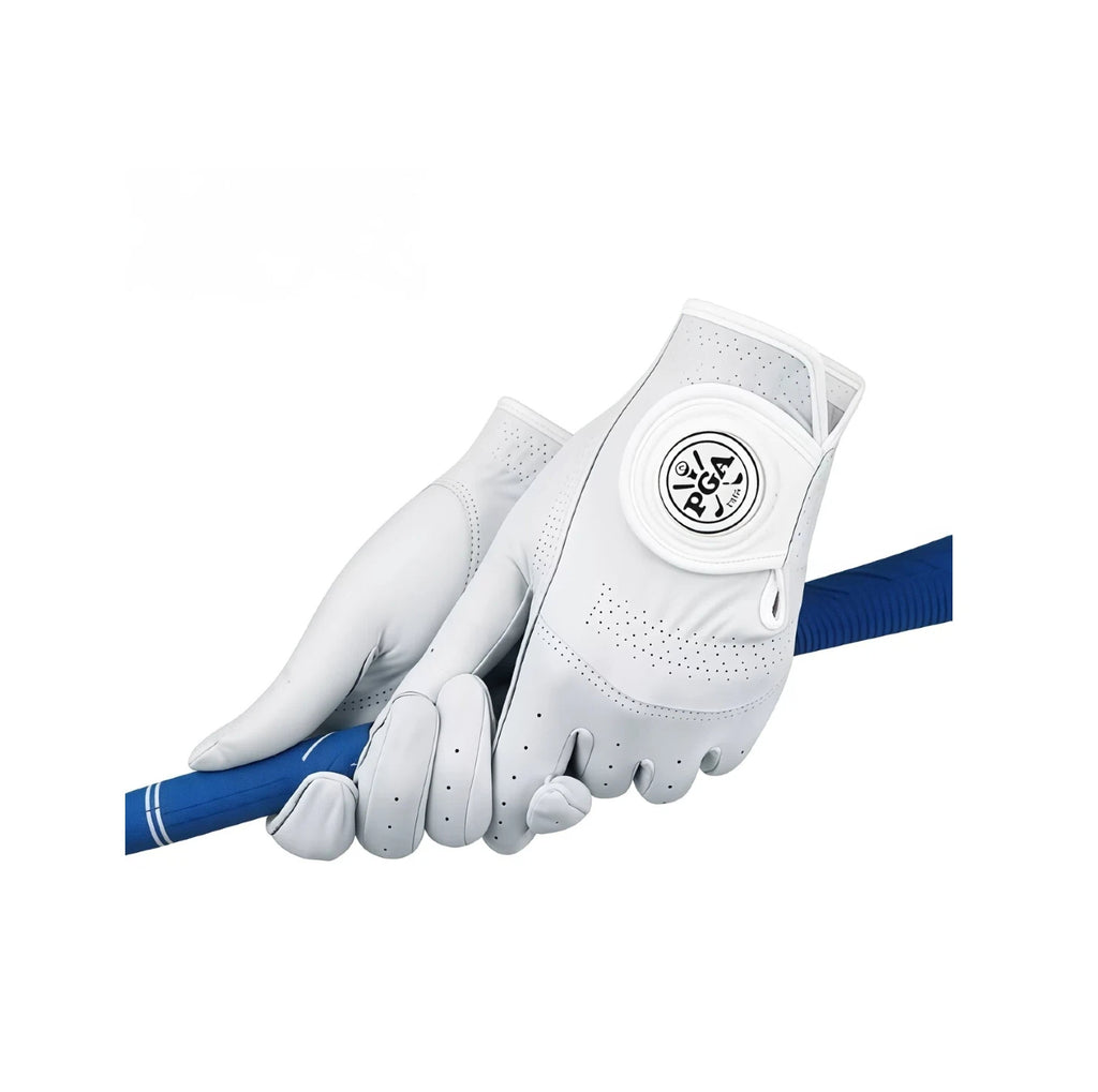 A close-up action shot of a hand wearing a white PGA genuine leather golf glove gripping a blue golf club, demonstrating the anti-slip texture and flexibility of the leather material during a swing.