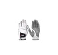 A pair of PGM leather golf gloves. The image shows the white backhand with perforations for breathability and the grey, textured anti-slip palm for superior grip and control.