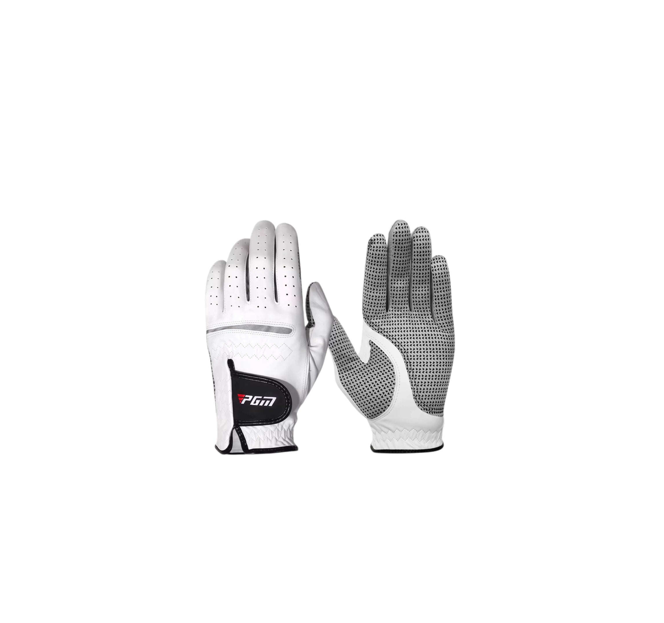 A pair of PGM leather golf gloves. The image shows the white backhand with perforations for breathability and the grey, textured anti-slip palm for superior grip and control.