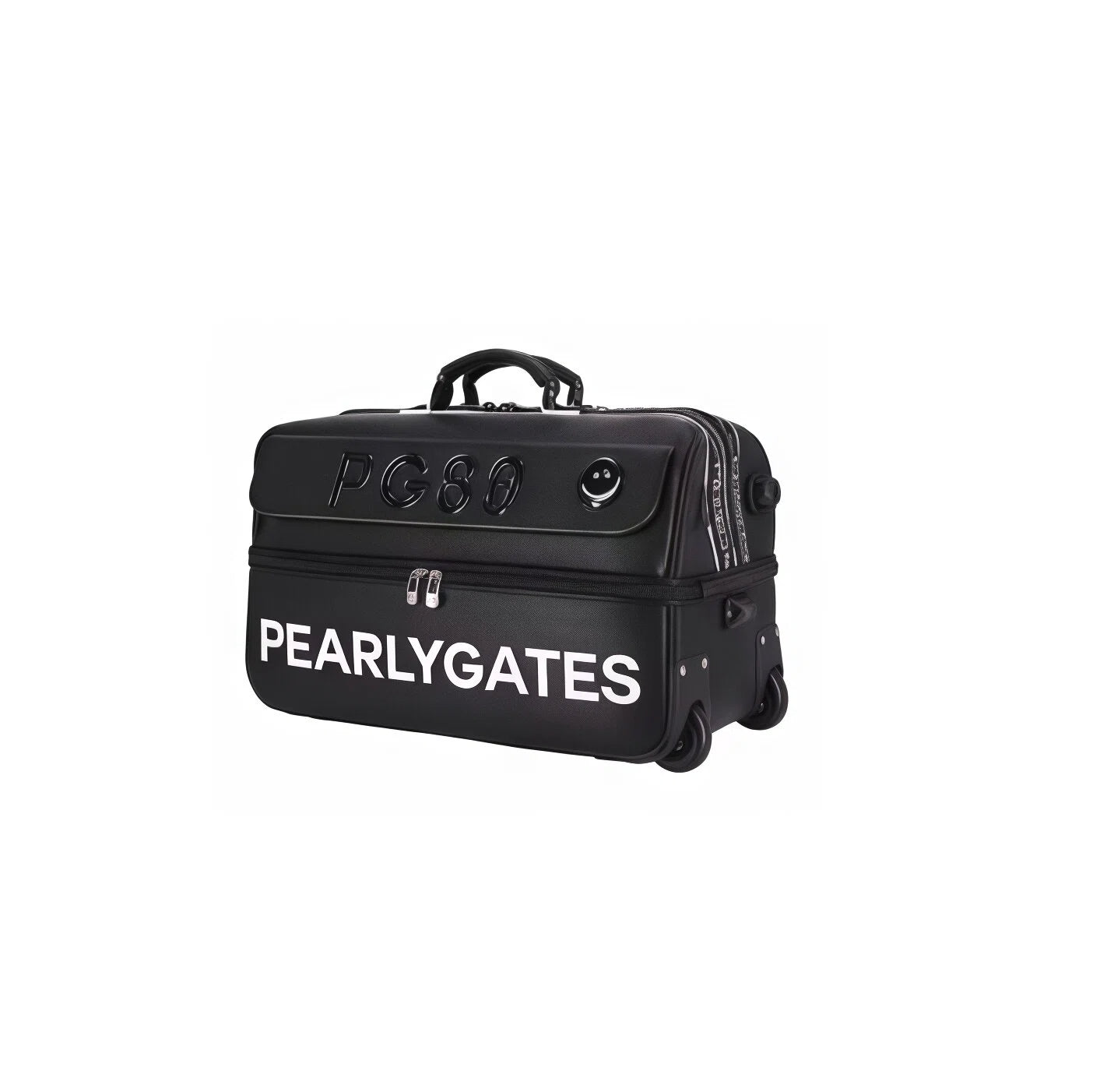 PG89 golf travel bag with double layer design, featuring a trolley handle, wheels, and "PEARLYGATES" branding, ideal for carrying golf gear and accessories in a compact cabin luggage format.