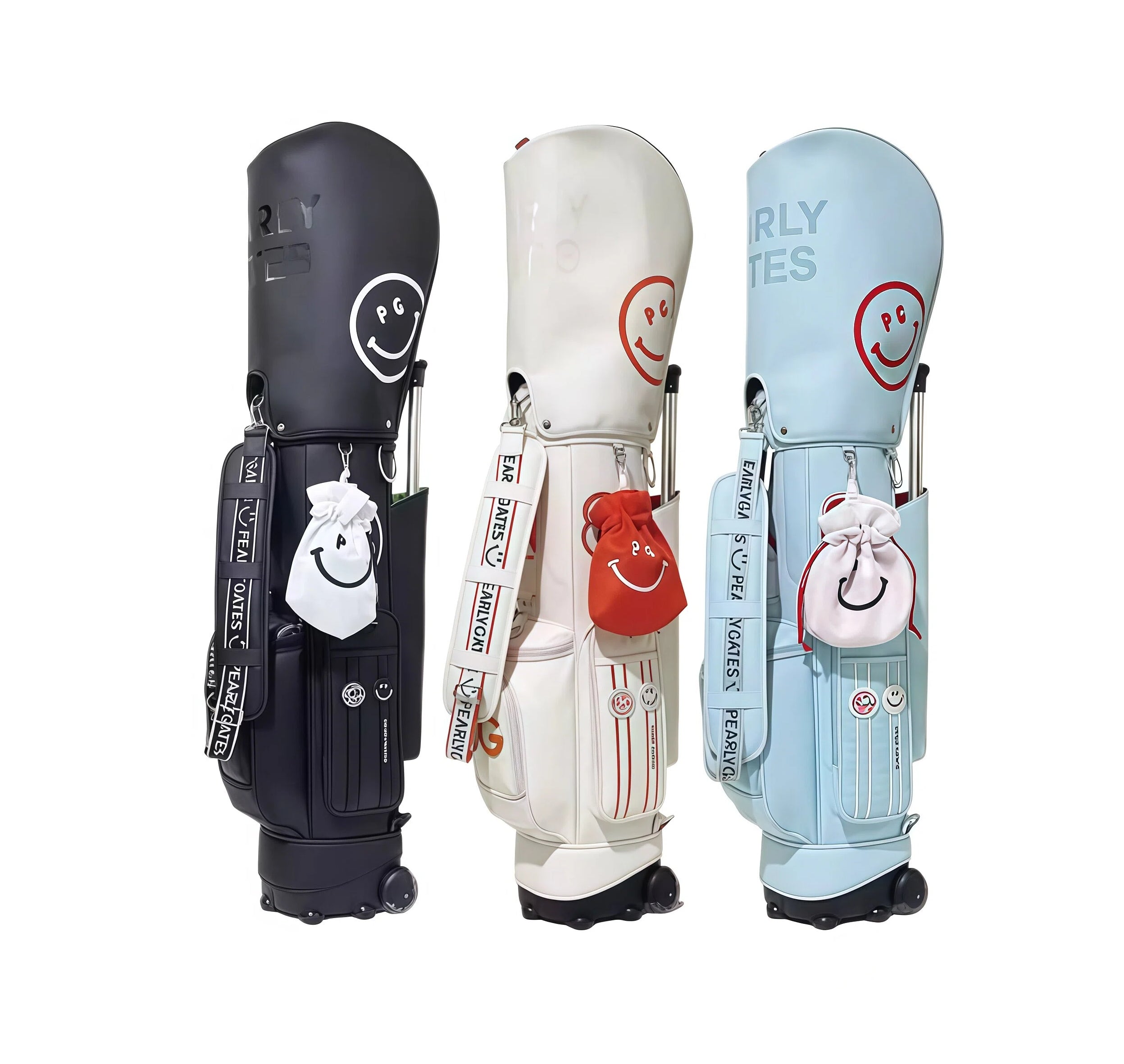Three-color lineup of PG Smiley golf trolley bags in black, white, and light blue. Each features waterproof PU construction, smiley face logo, and matching drawstring pouch.