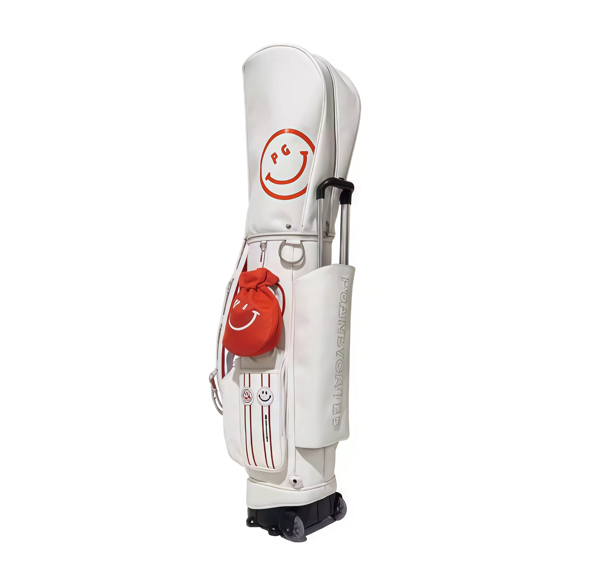 White PG Smiley golf trolley bag with bold red "PG" logo and smiley face design. Comes with matching red drawstring pouch, dual carry handles, and durable PU exterior.