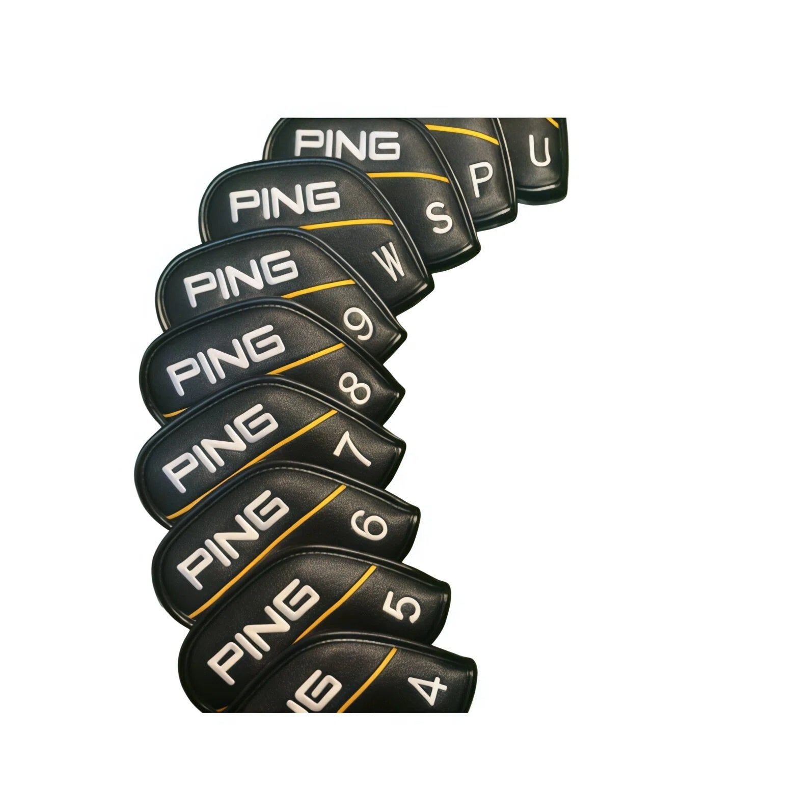 Full set of black PING golf iron headcovers made from durable PU leather — features bold white “PING” logo, yellow accent stripe, and numbered labels (4,5,6,7,8,9,W,S,P,U) for easy club identification; includes matching universal wood cover