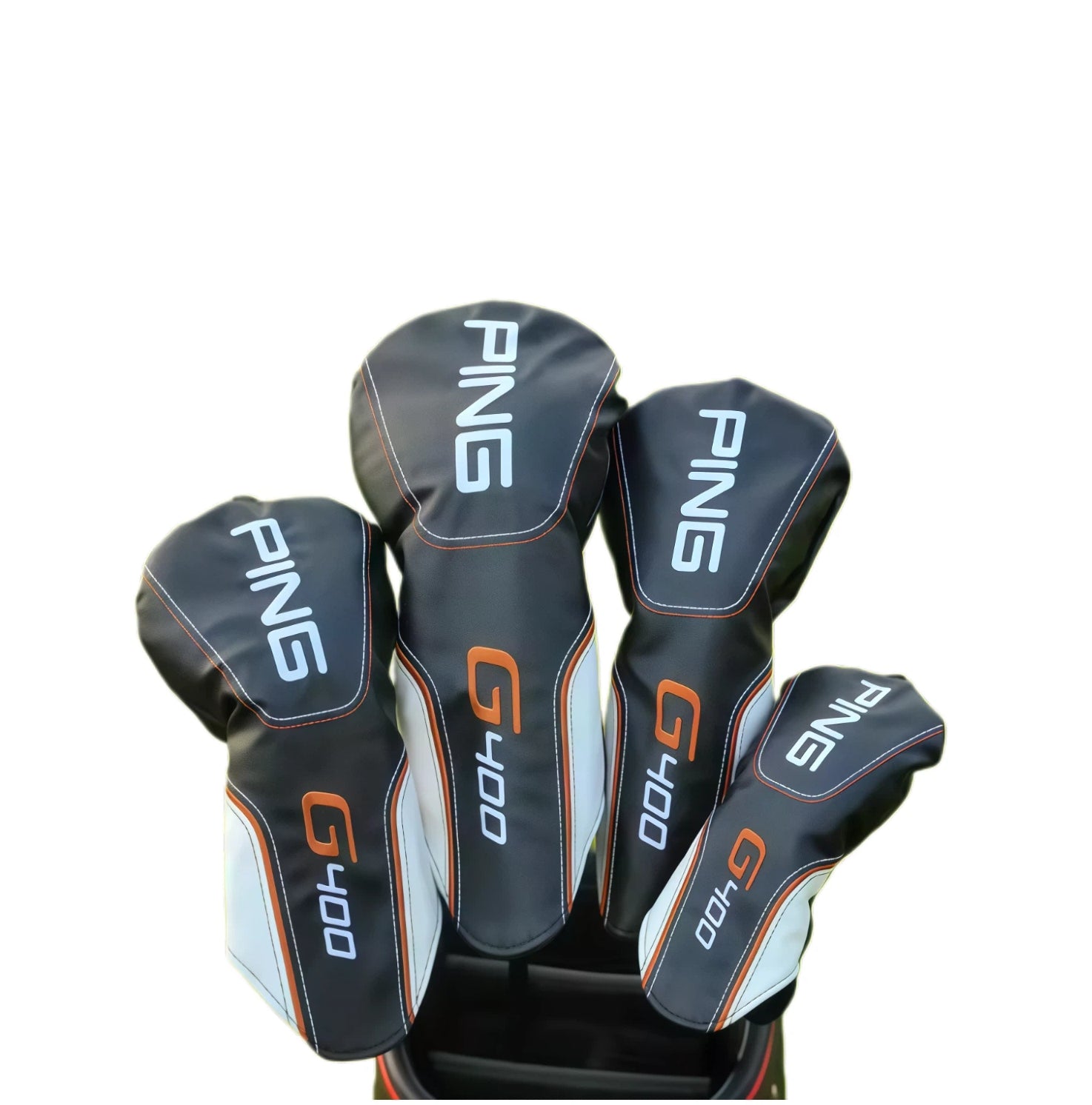 PING G400 fairway wood headcovers set featuring black body with orange and white accents, durable material and precise fit for golf clubs.