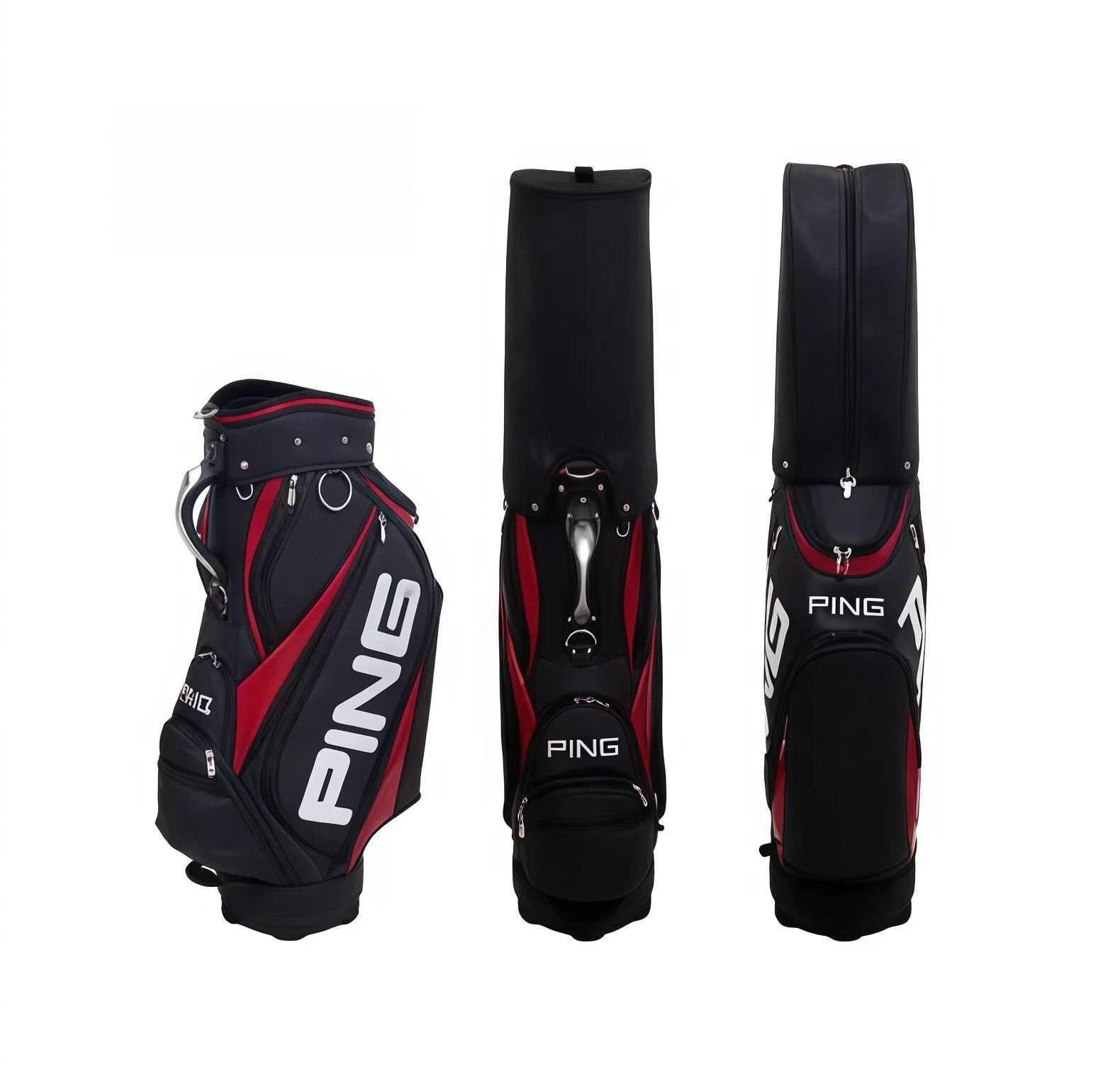 Black and red PING Golf Cart Bag 2025 shown from three angles with bold branding, ergonomic design, and sporty aesthetic perfect for active golfers.