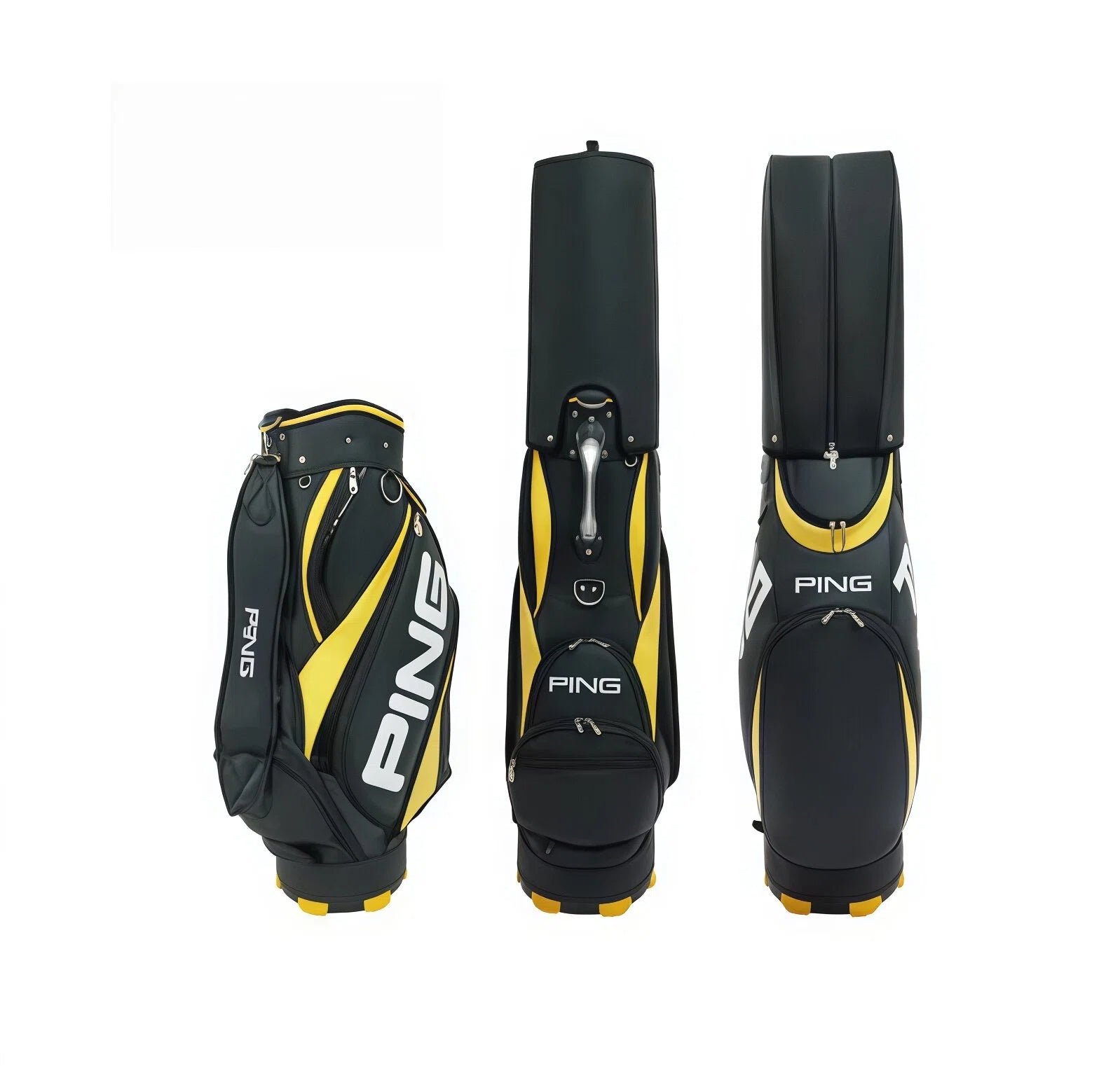 Three-angle view of the black and yellow PING Golf Cart Bag 2025 showcasing its sleek design, large logo, and premium build quality for outdoor play.
