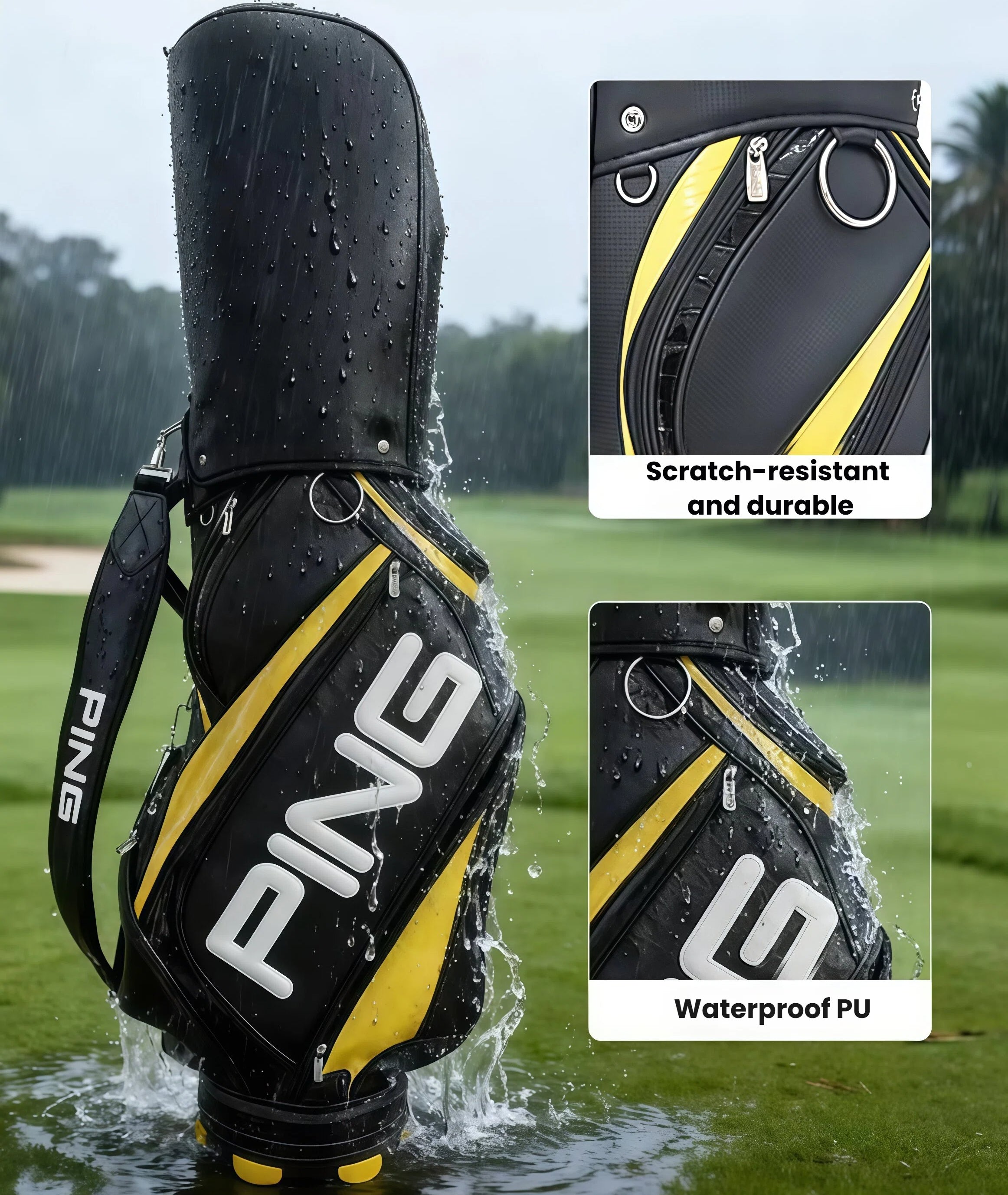PING Golf Cart Bag 2025 standing in rain with water beading off the surface. Highlights waterproof PU material and scratch-resistant durability for all-weather protection.